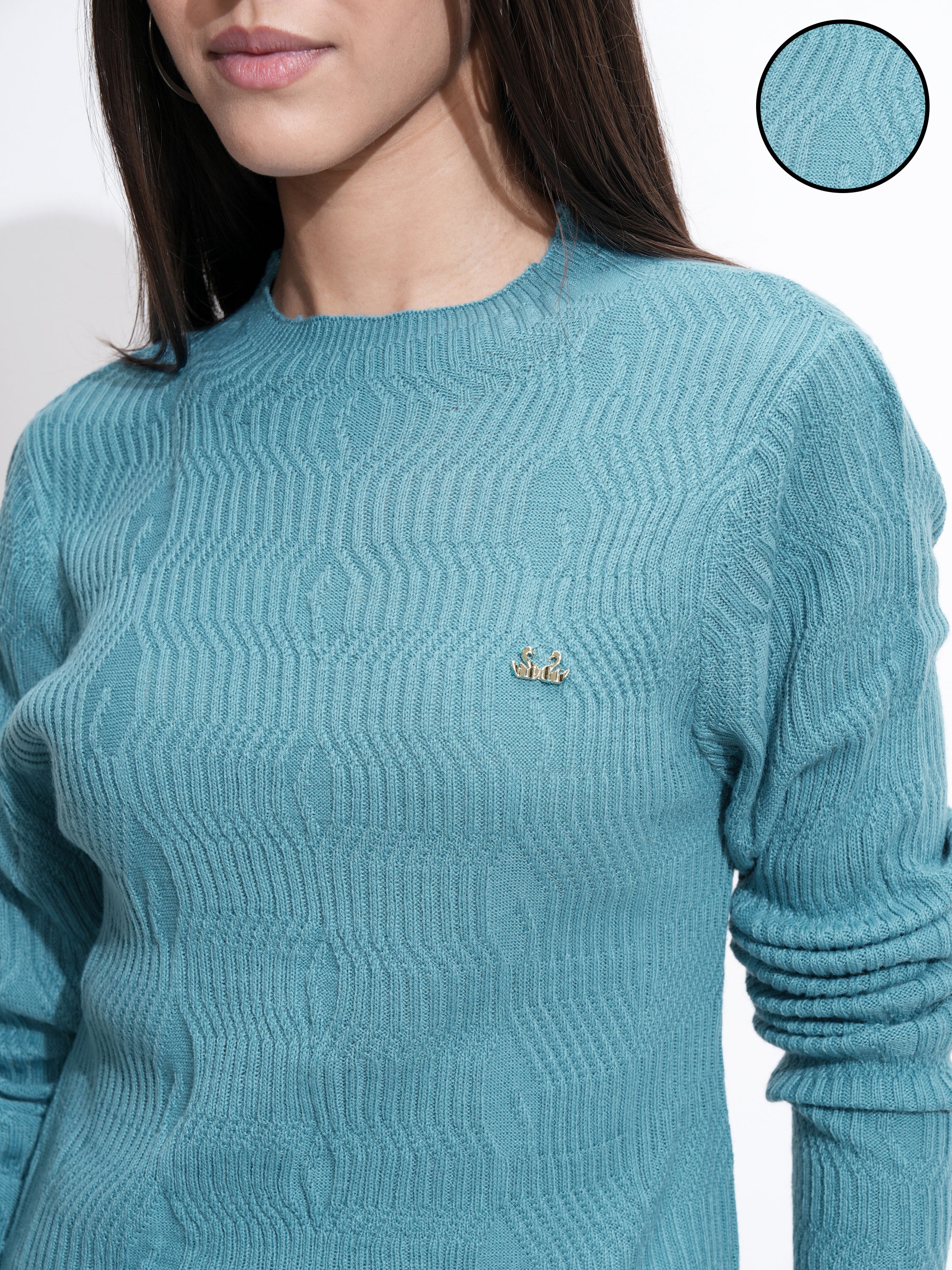 Tokyo Talkies Women Blue Mock Collar Sweater - Blue - Image 5