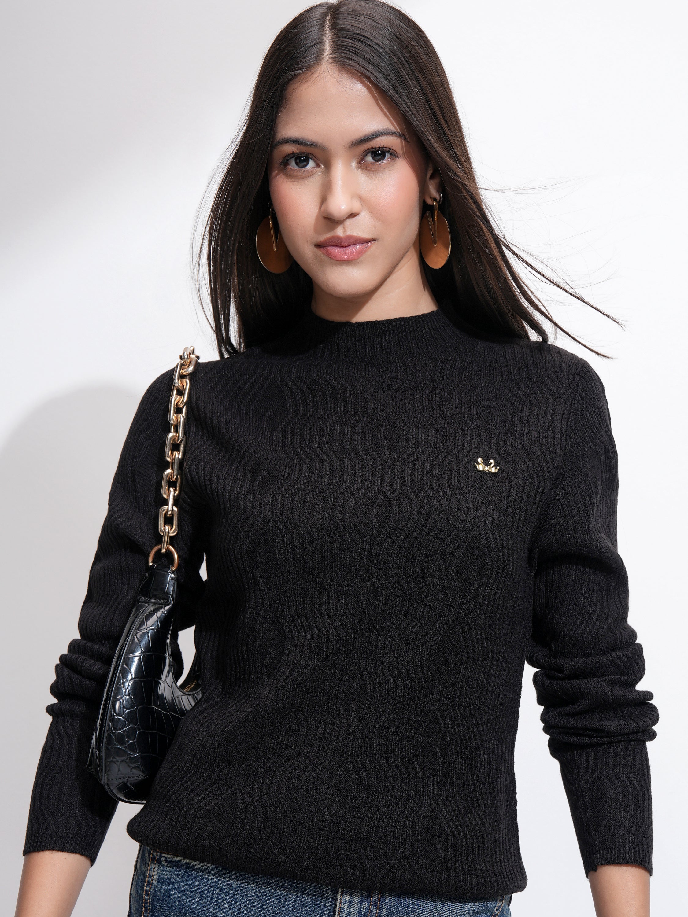 Tokyo Talkies Women Black Mock Collar Sweater - Black - Image 1