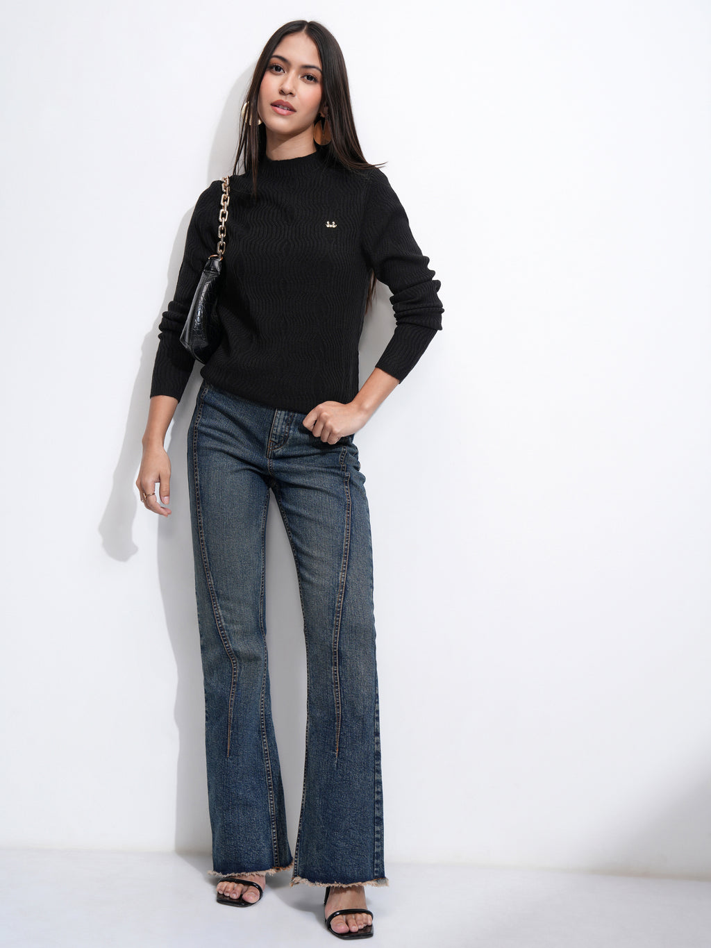 Tokyo Talkies Women Black Mock Collar Sweater - Black - Image 2