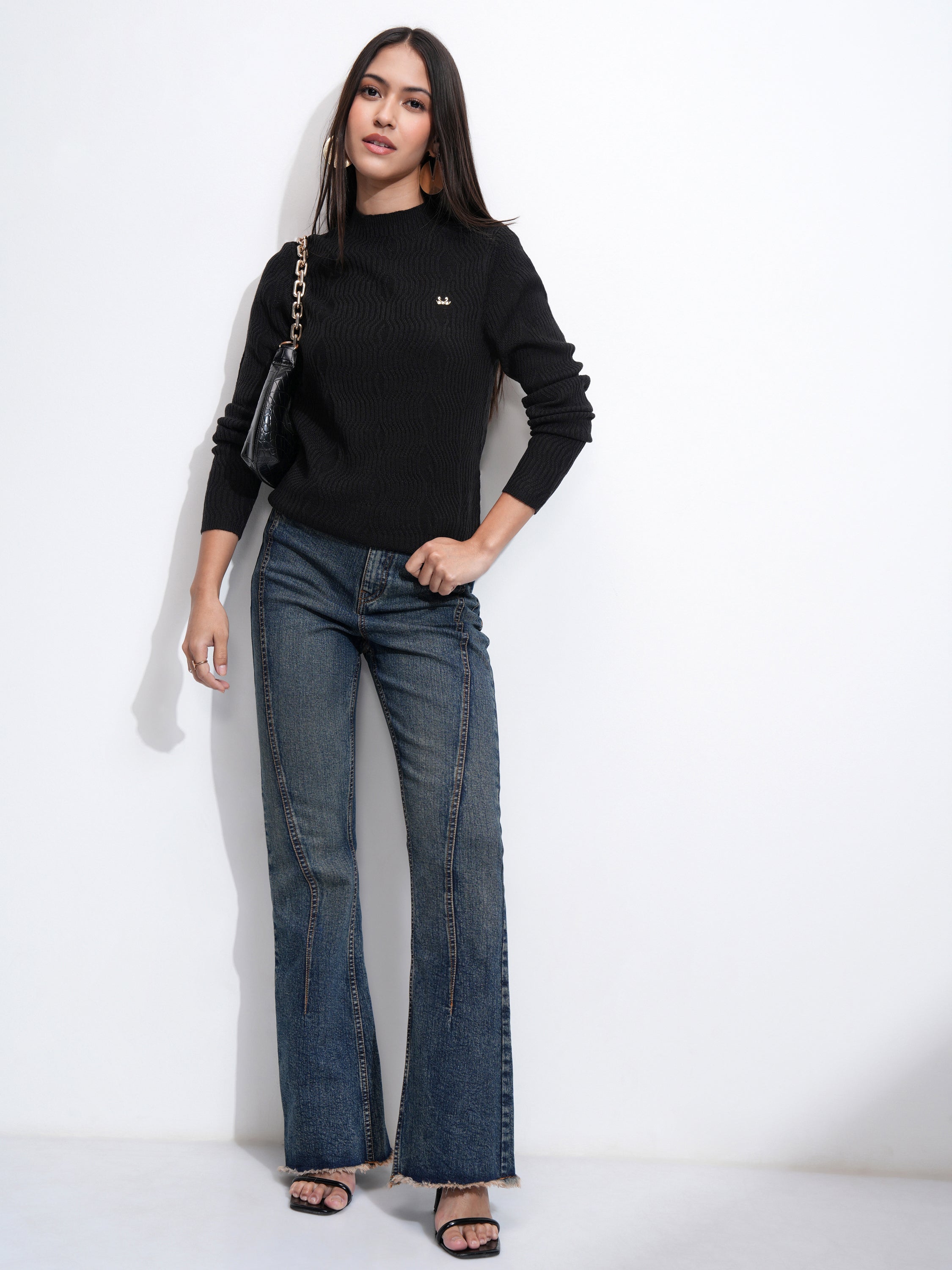 Tokyo Talkies Women Black Mock Collar Sweater - Black - Image 2