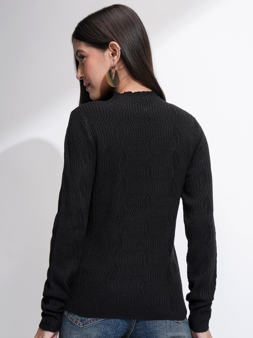 Tokyo Talkies Women Black Mock Collar Sweater - Black - Image 3