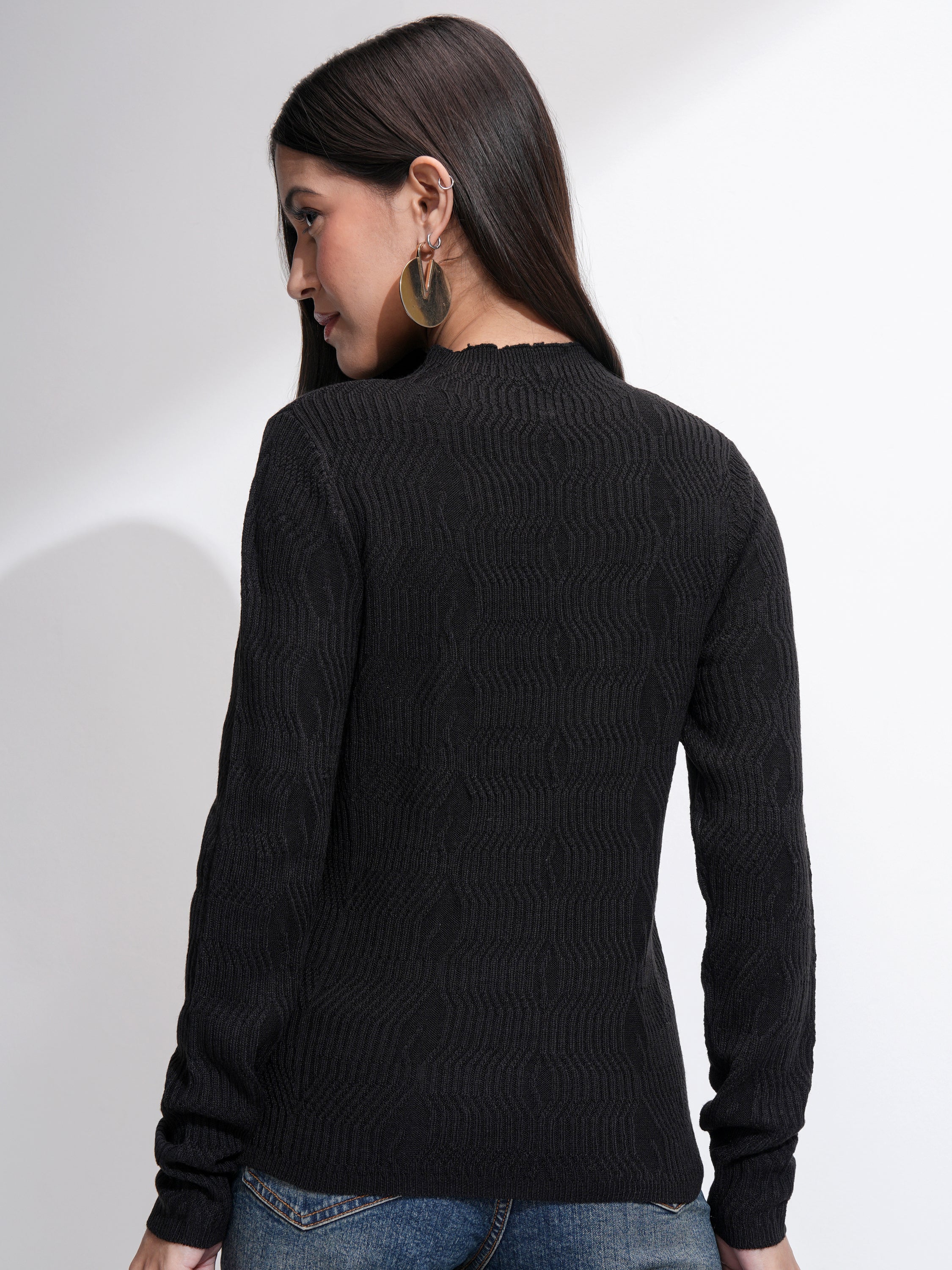 Tokyo Talkies Women Black Mock Collar Sweater - Black - Image 3