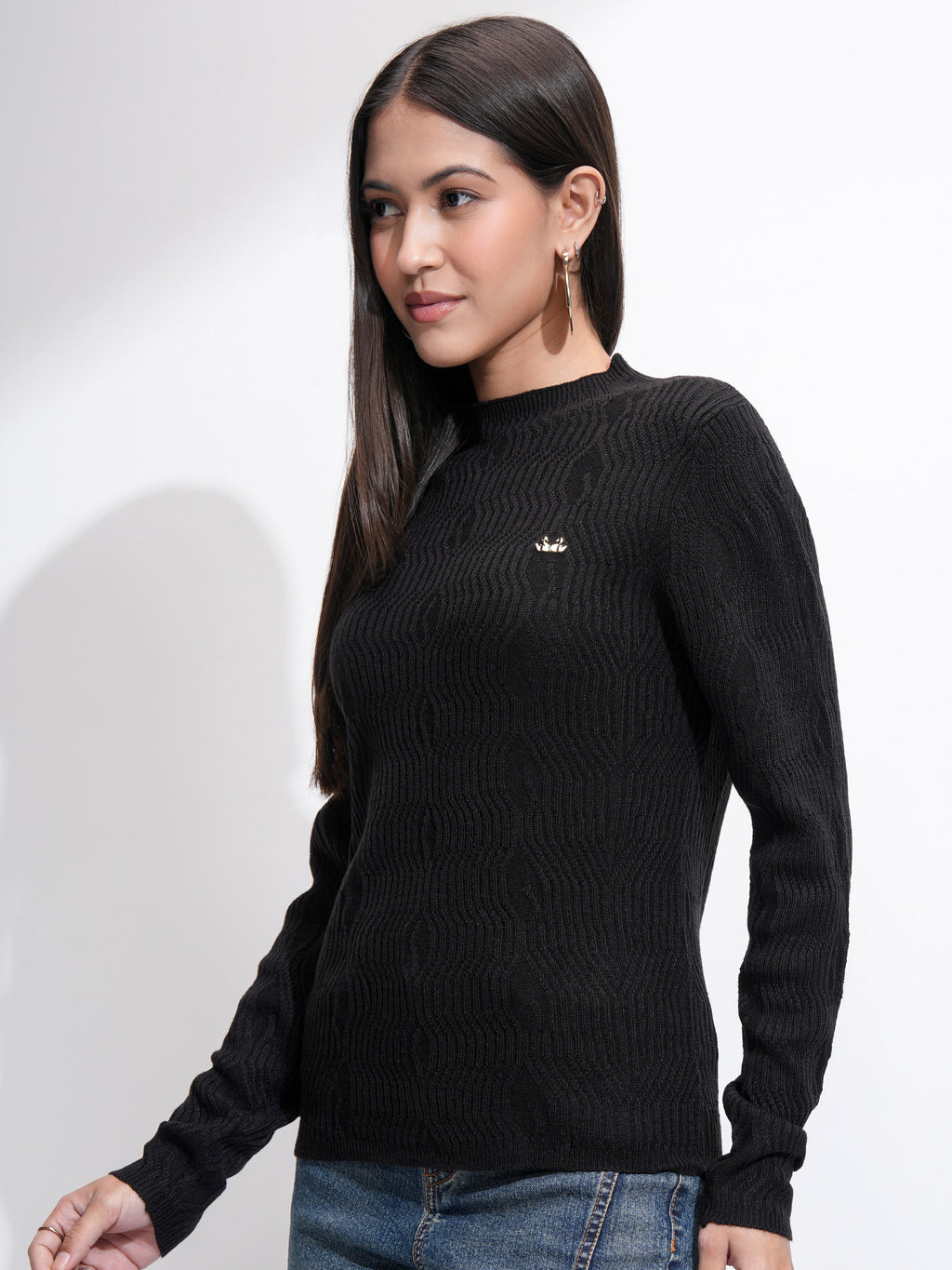 Tokyo Talkies Women Black Mock Collar Sweater - Black - Image 4