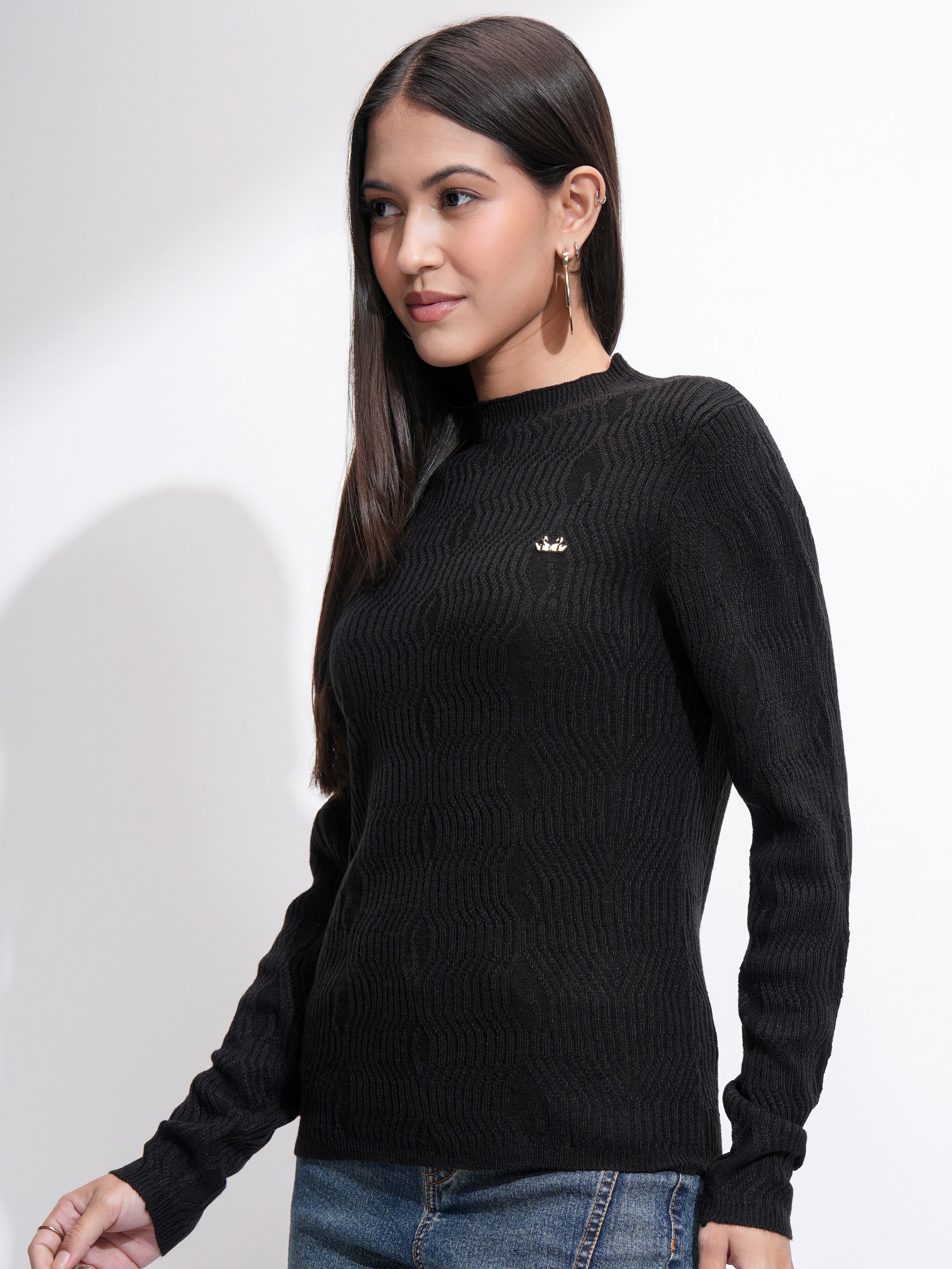 Tokyo Talkies Women Black Mock Collar Sweater - Black - Image 4