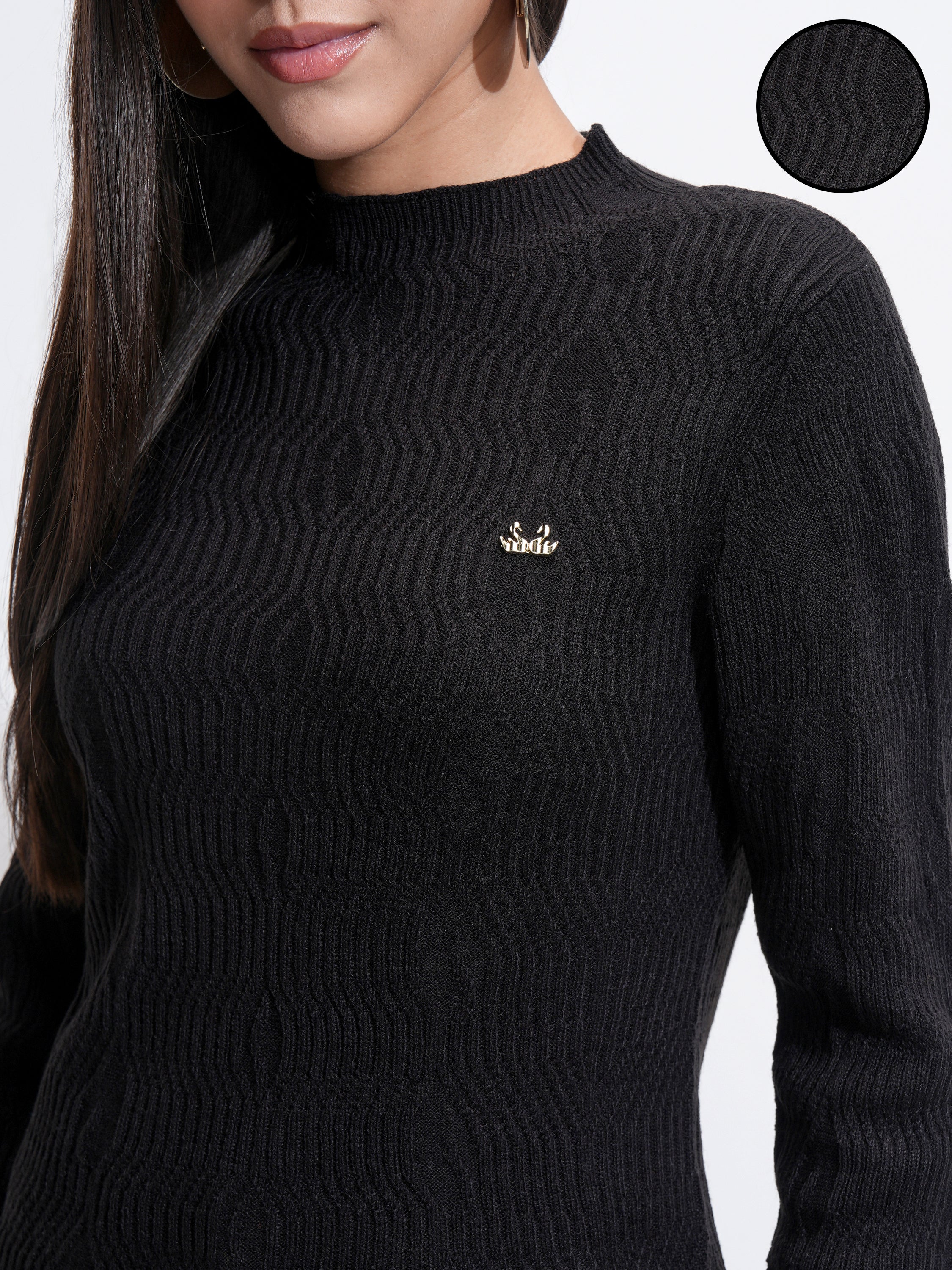 Tokyo Talkies Women Black Mock Collar Sweater - Black - Image 5