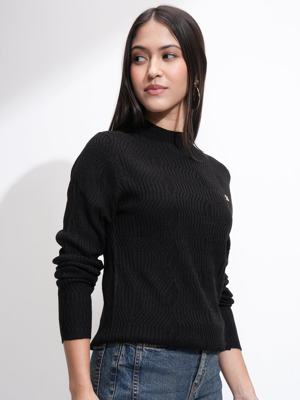 Tokyo Talkies Women Black Mock Collar Sweater - Black - Image 6