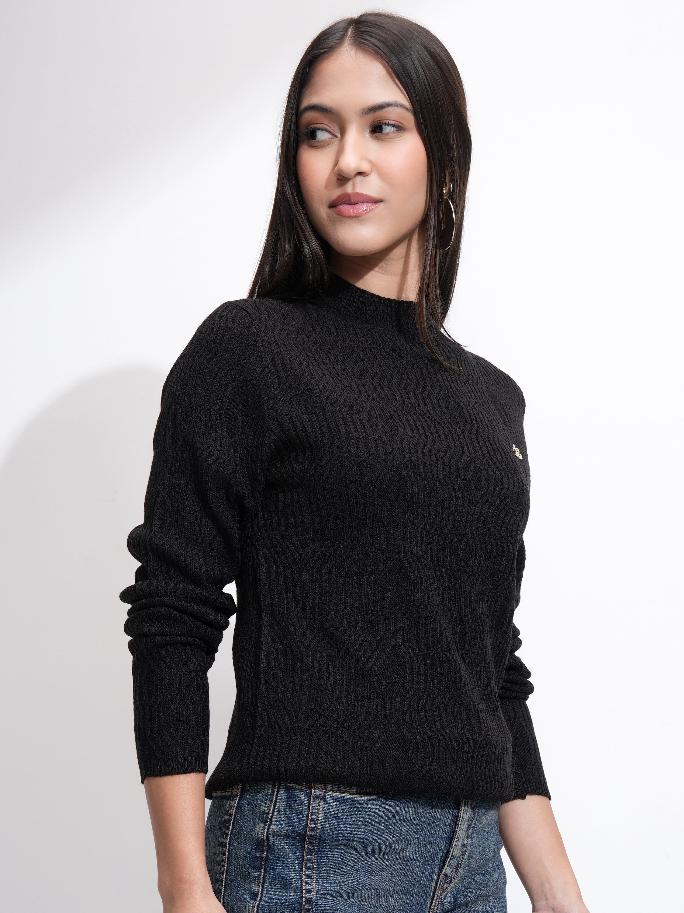Tokyo Talkies Women Black Mock Collar Sweater - Black - Image 6