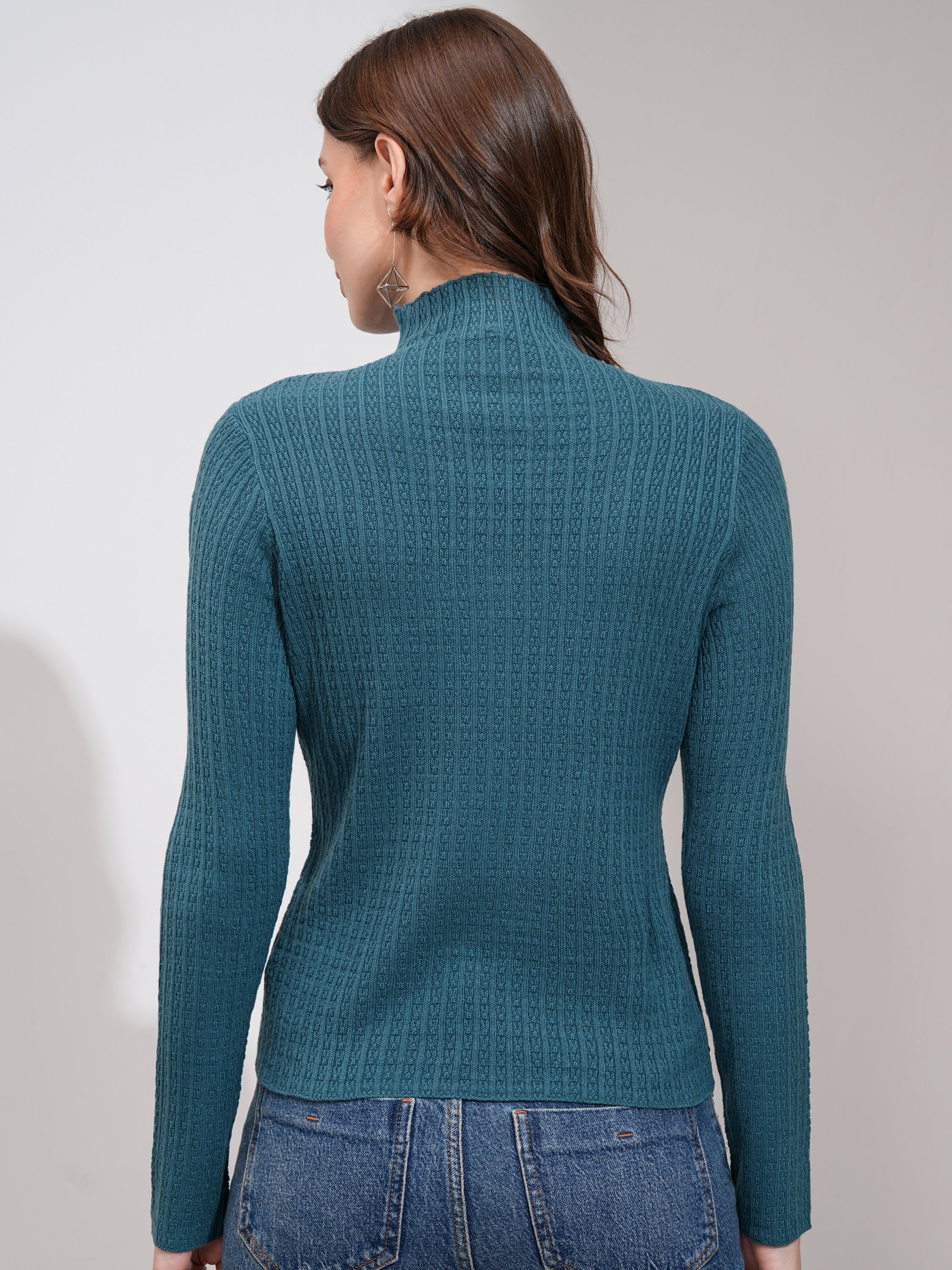 Tokyo Talkies Women Blue Turtle Neck Sweater - Blue - Image 3