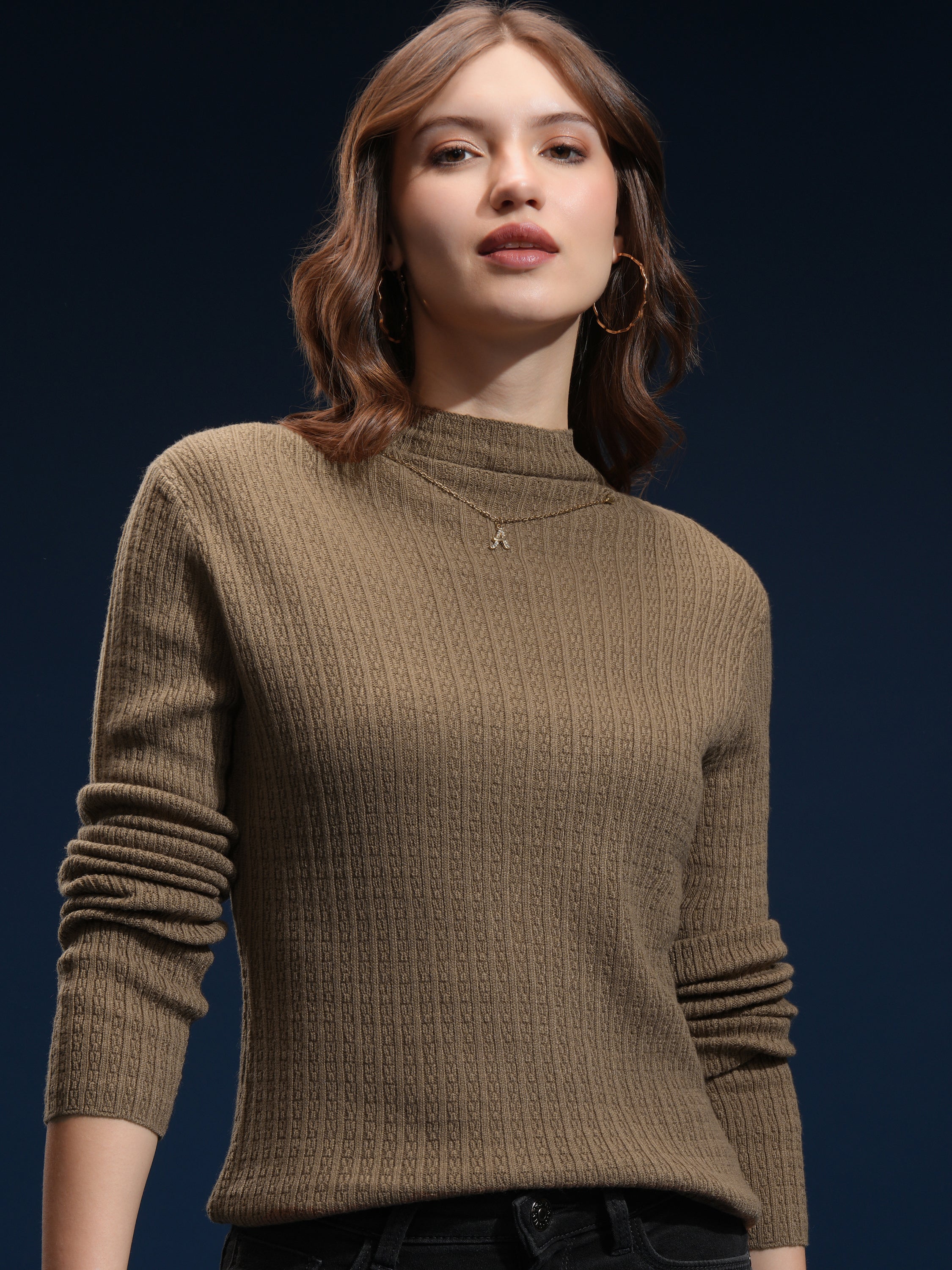 Tokyo Talkies Women Brown Mock Collar Sweater - Brown - Image 1