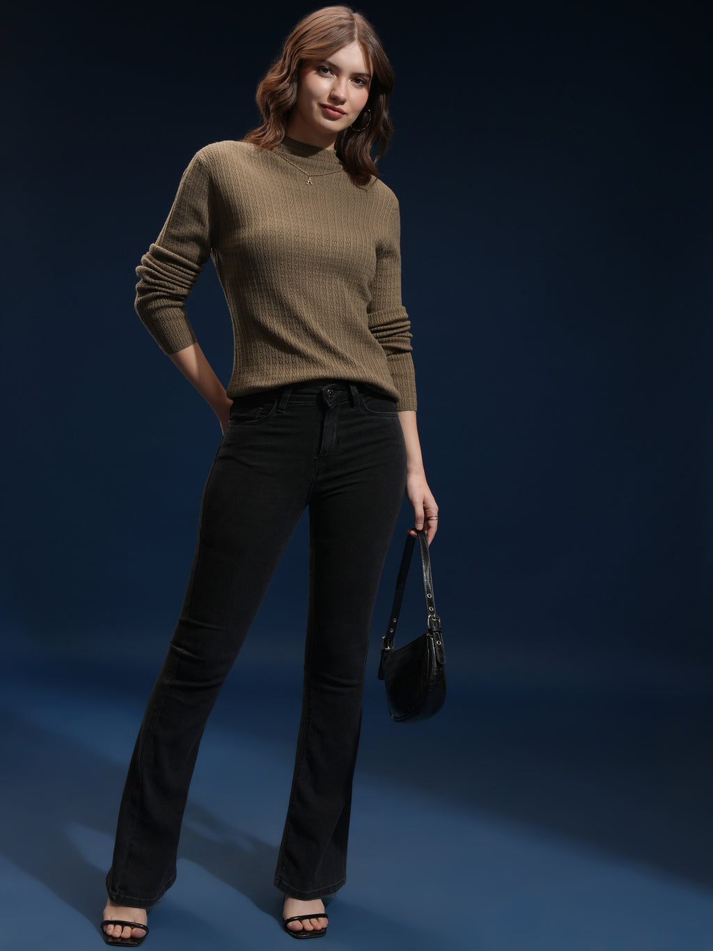 Tokyo Talkies Women Brown Mock Collar Sweater - Brown - Image 2