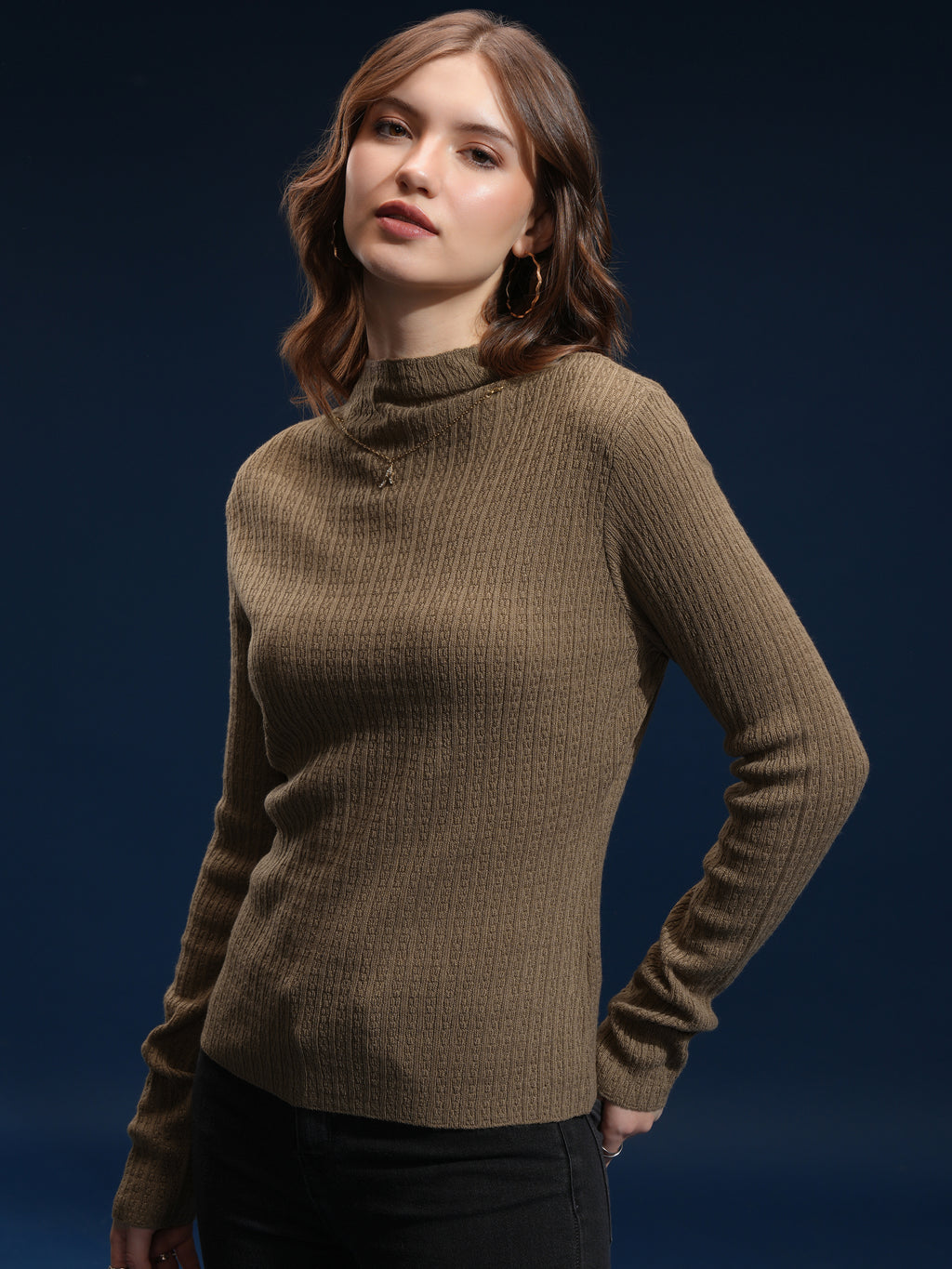 Tokyo Talkies Women Brown Mock Collar Sweater - Brown - Image 4