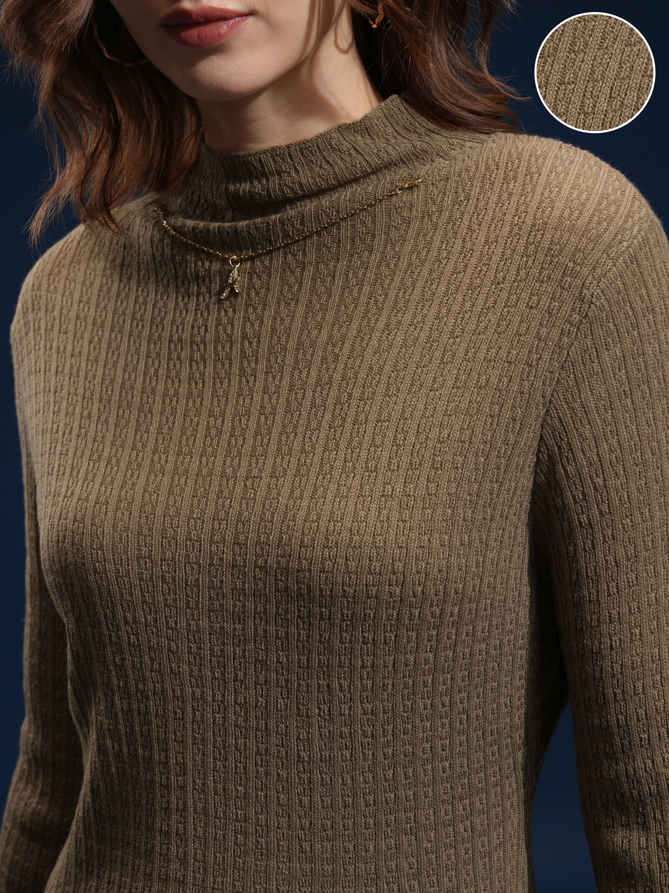 Tokyo Talkies Women Brown Mock Collar Sweater - Brown - Image 5