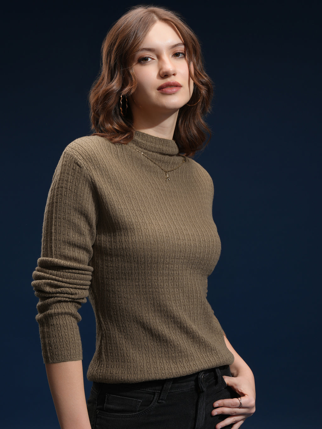 Tokyo Talkies Women Brown Mock Collar Sweater - Brown - Image 6