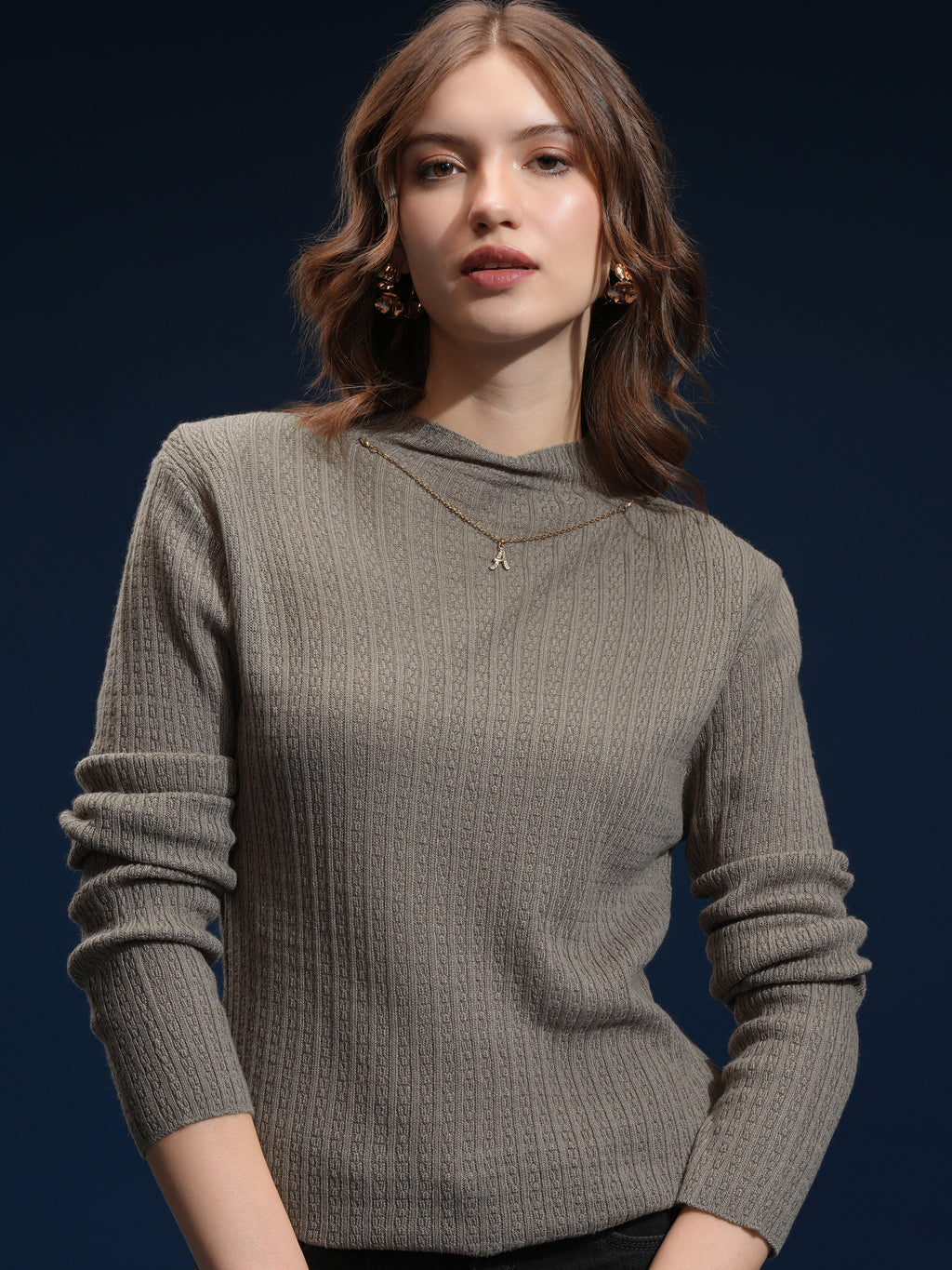Tokyo Talkies Women Green Mock Collar Sweater - Green - Image 1