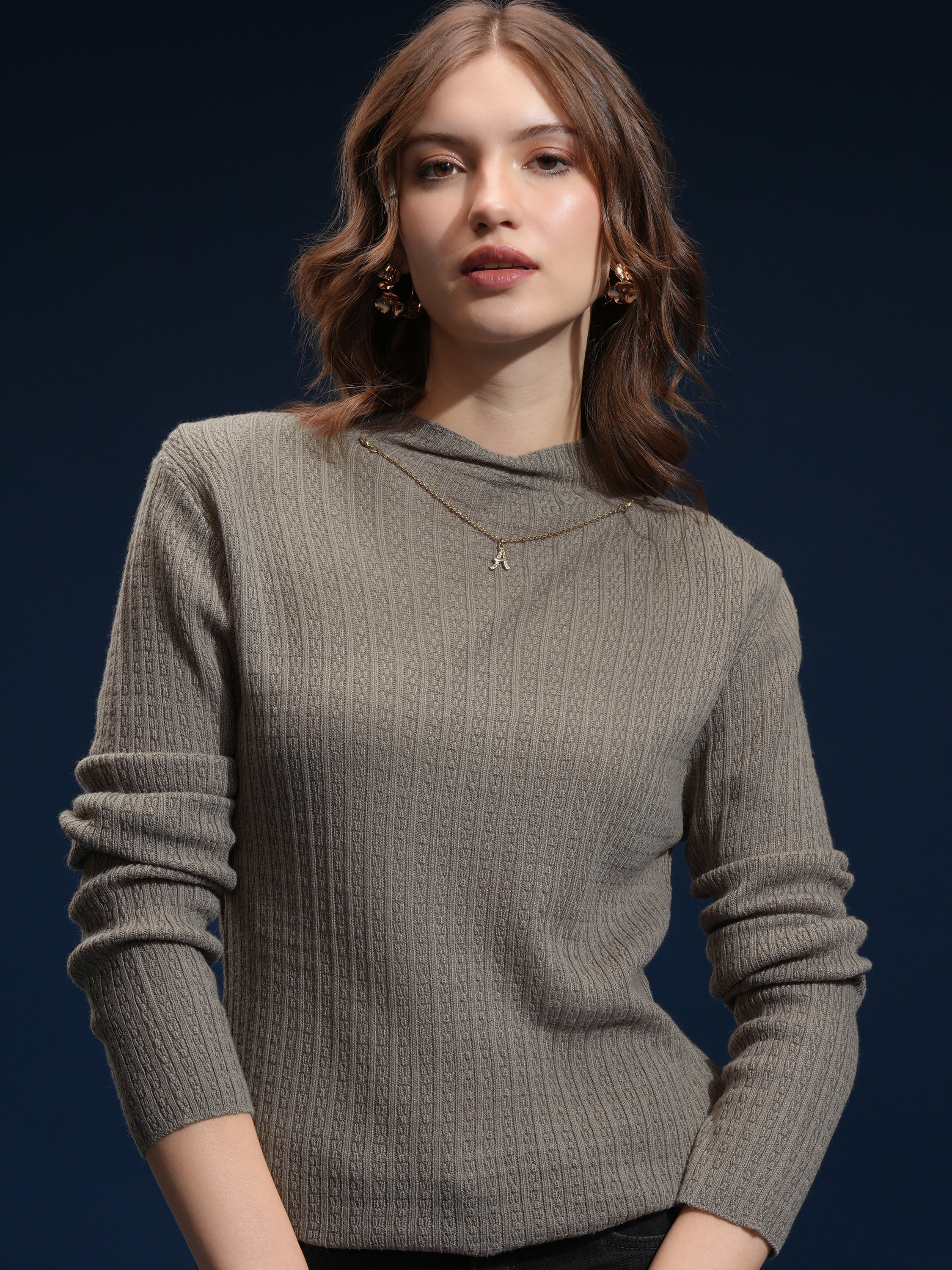 Tokyo Talkies Women Green Mock Collar Sweater - Green - Image 1