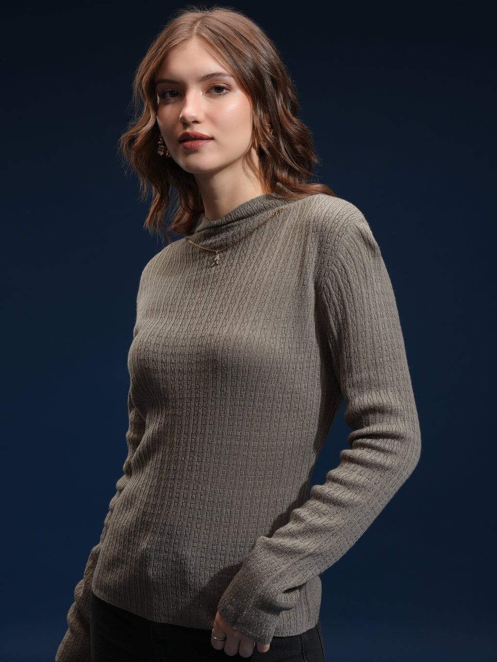 Tokyo Talkies Women Green Mock Collar Sweater - Green - Image 4