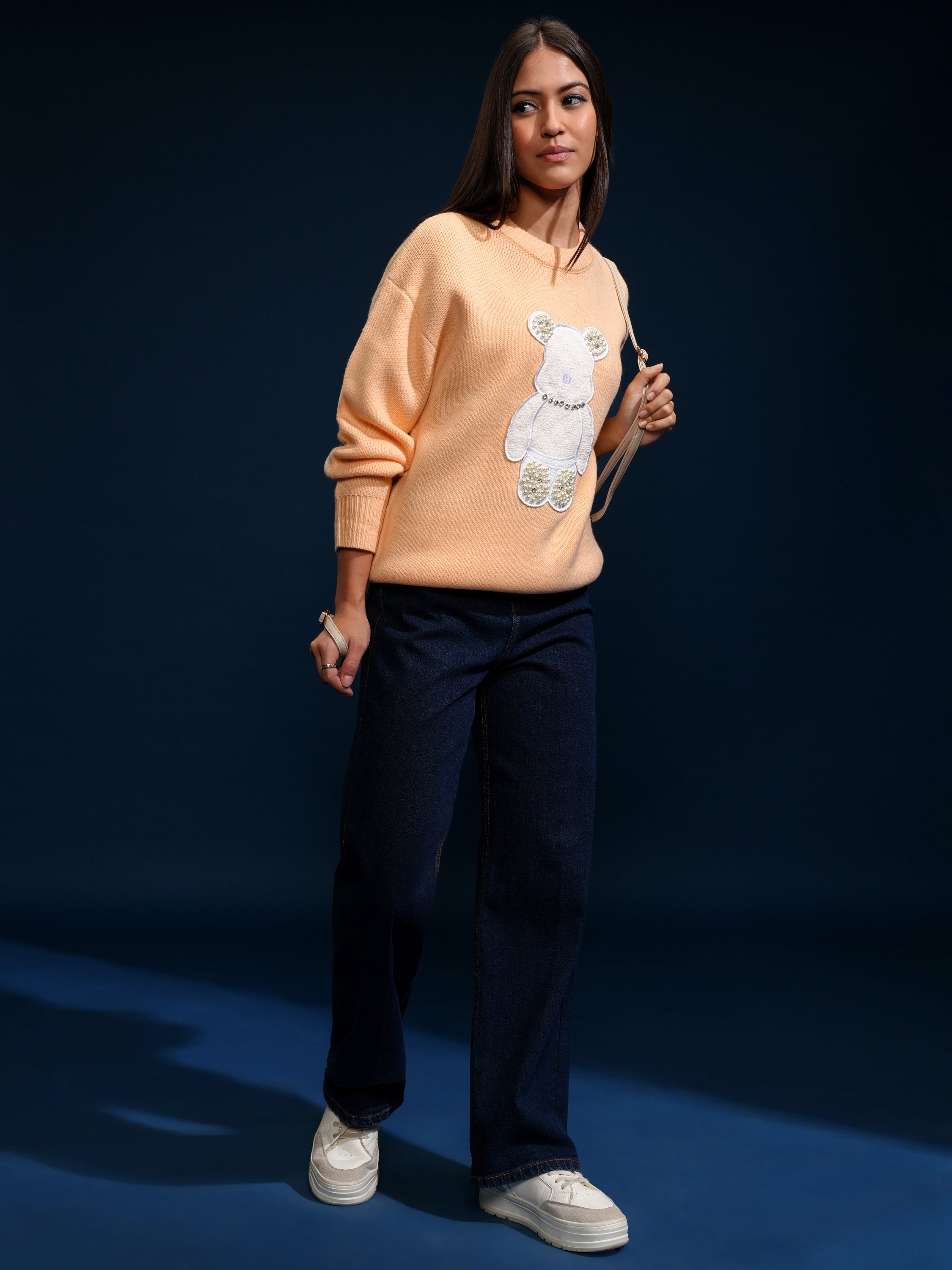 Tokyo Talkies Women Peach Round Neck Sweater - Peach - Image 2
