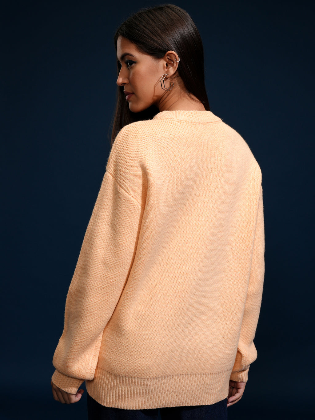 Tokyo Talkies Women Peach Round Neck Sweater - Peach - Image 3