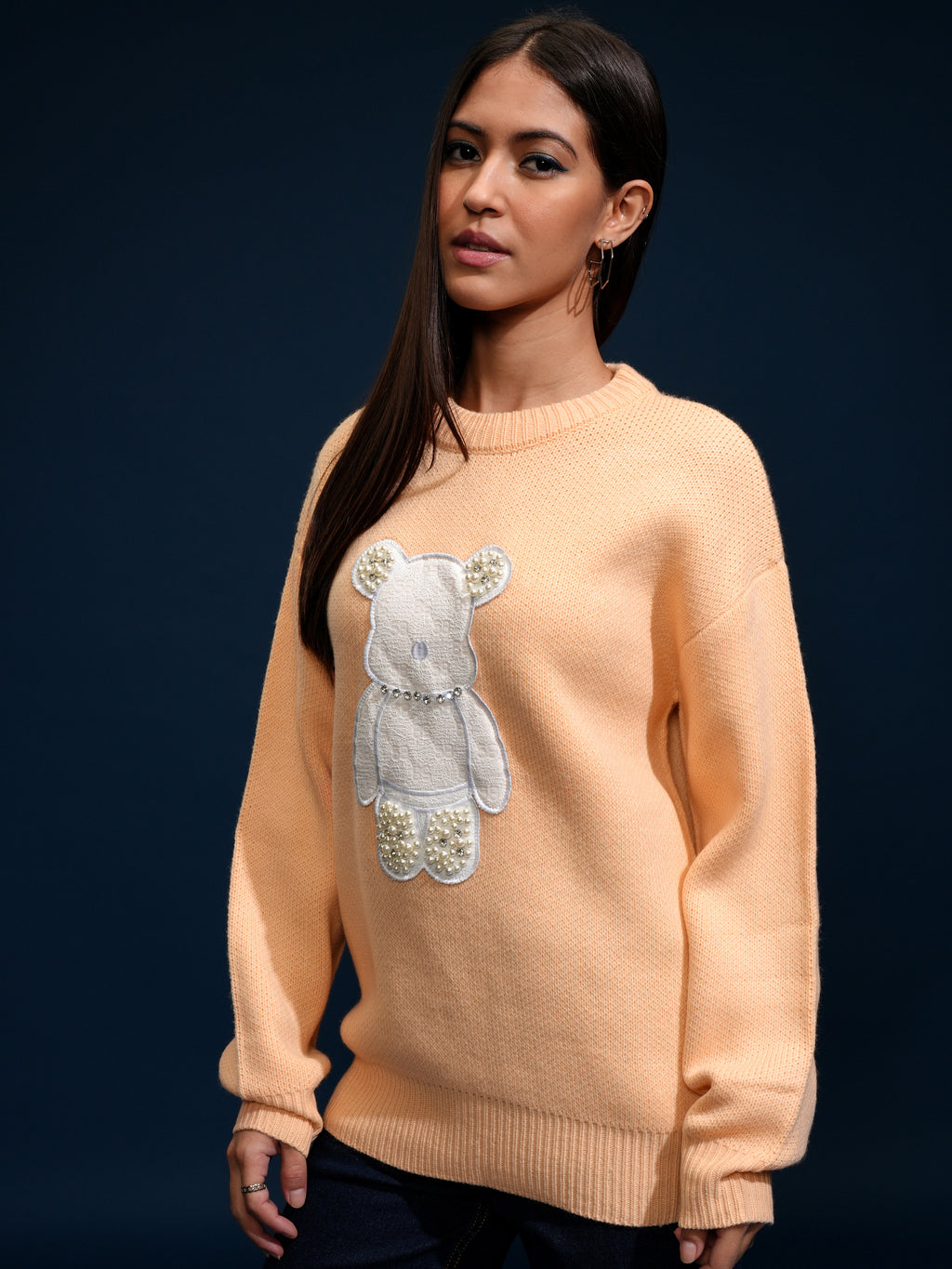 Tokyo Talkies Women Peach Round Neck Sweater - Peach - Image 4