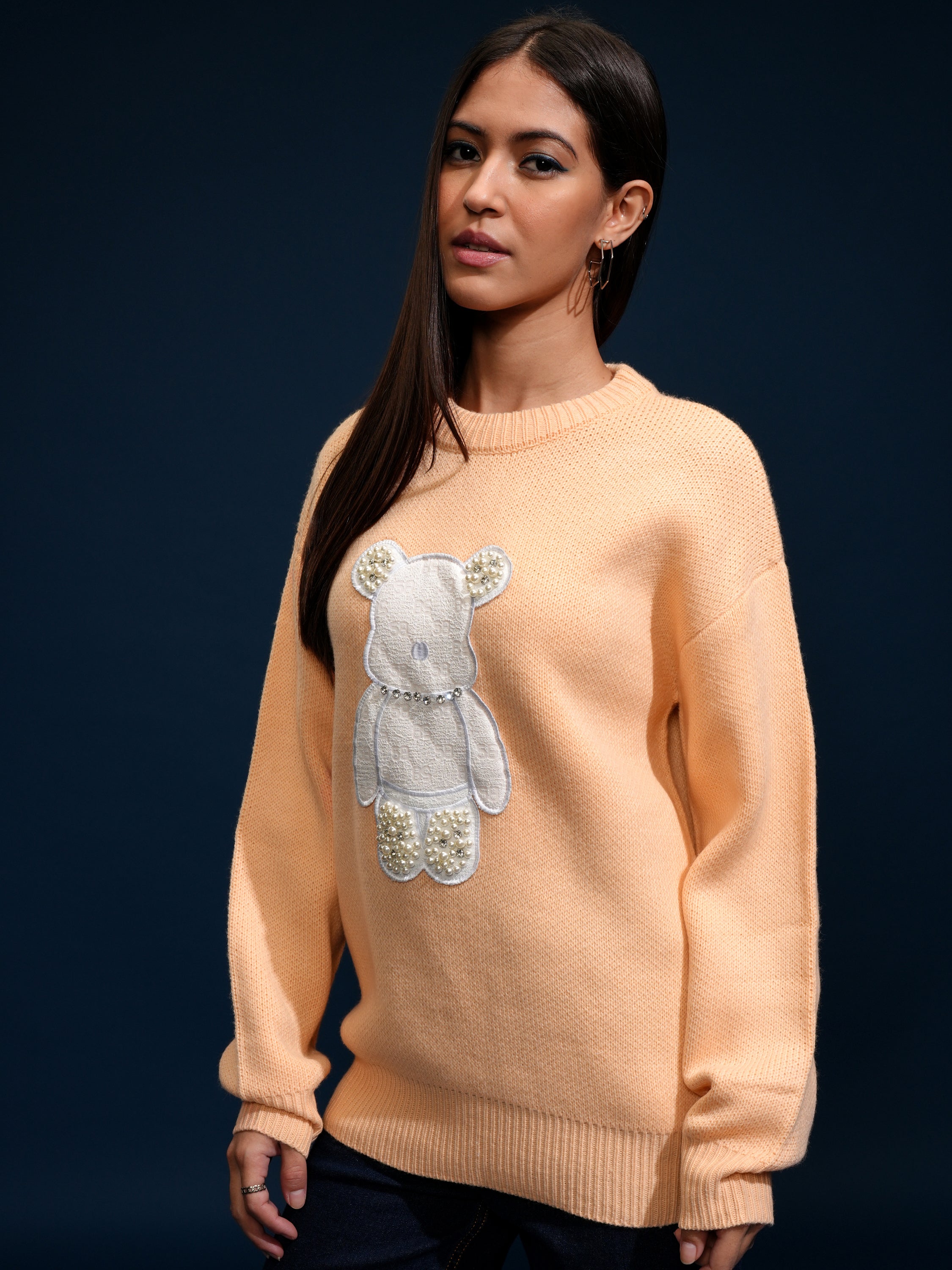 Tokyo Talkies Women Peach Round Neck Sweater - Peach - Image 4