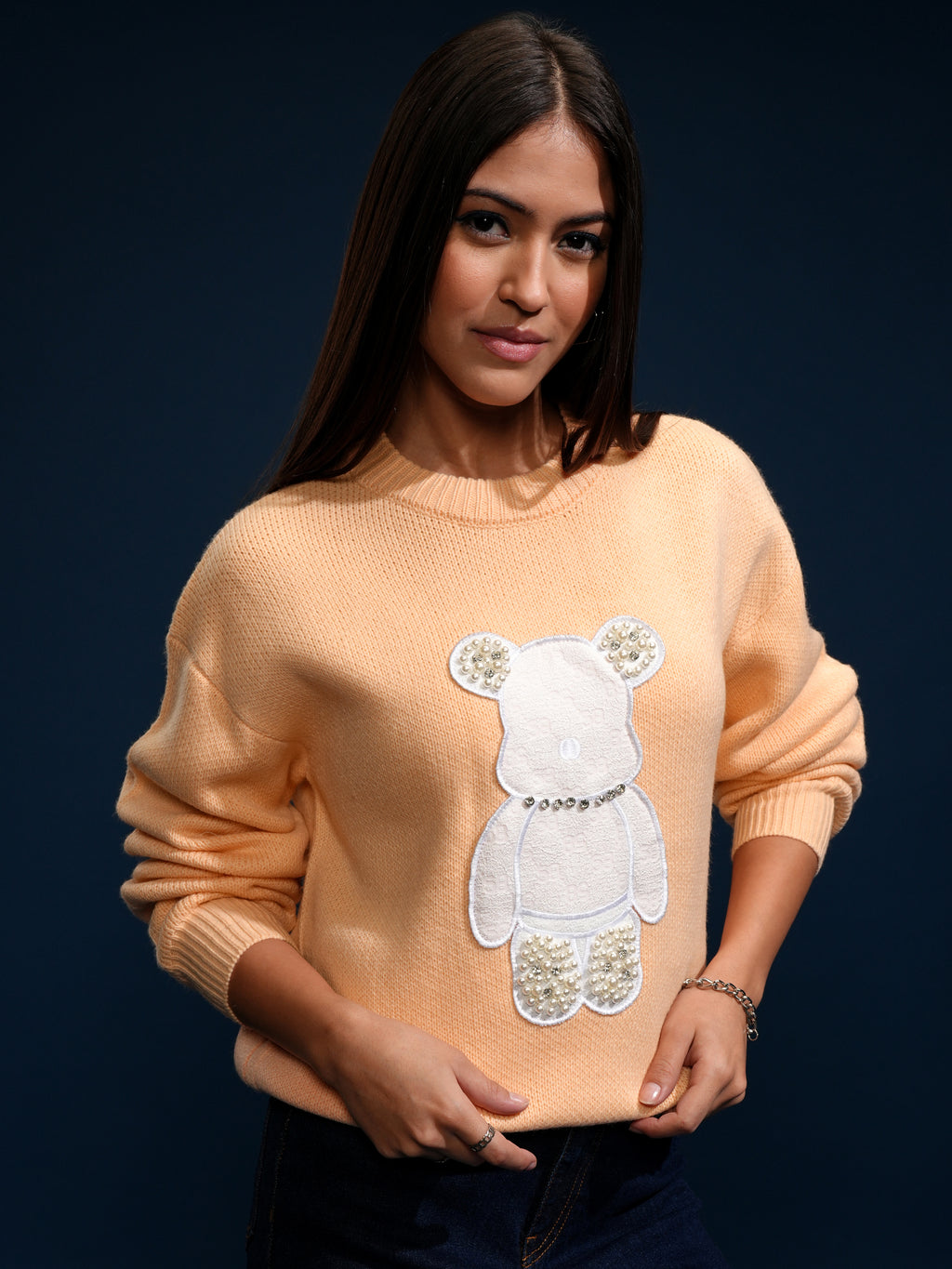 Tokyo Talkies Women Peach Round Neck Sweater - Peach - Image 6
