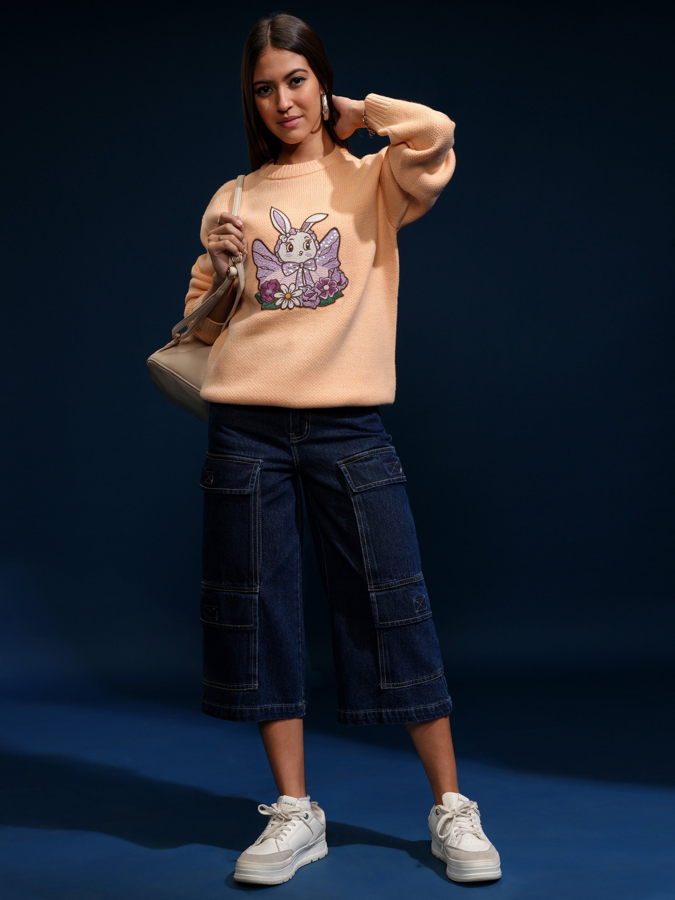 Tokyo Talkies Women Peach Round Neck Sweater - Peach - Image 2