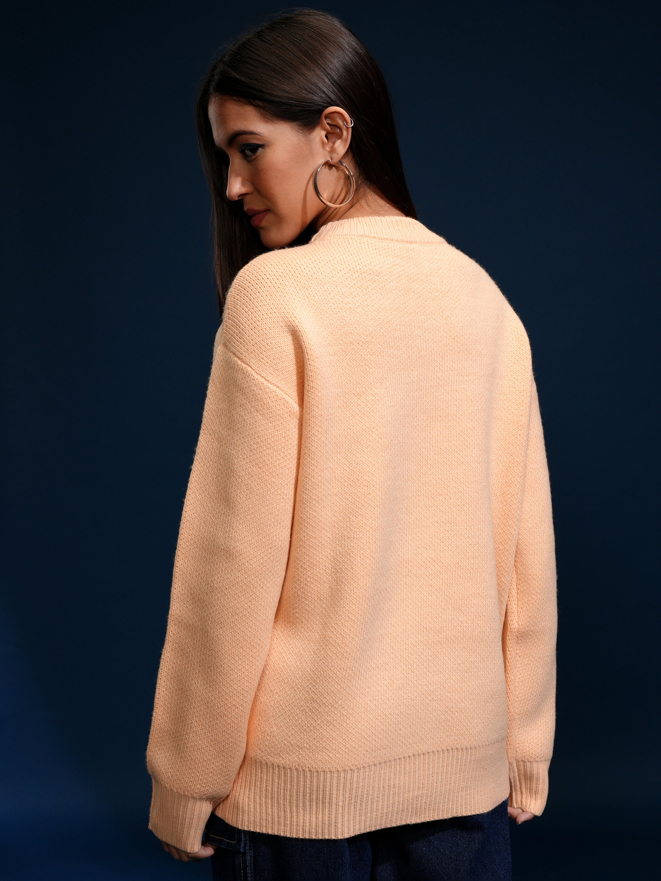 Tokyo Talkies Women Peach Round Neck Sweater - Peach - Image 3