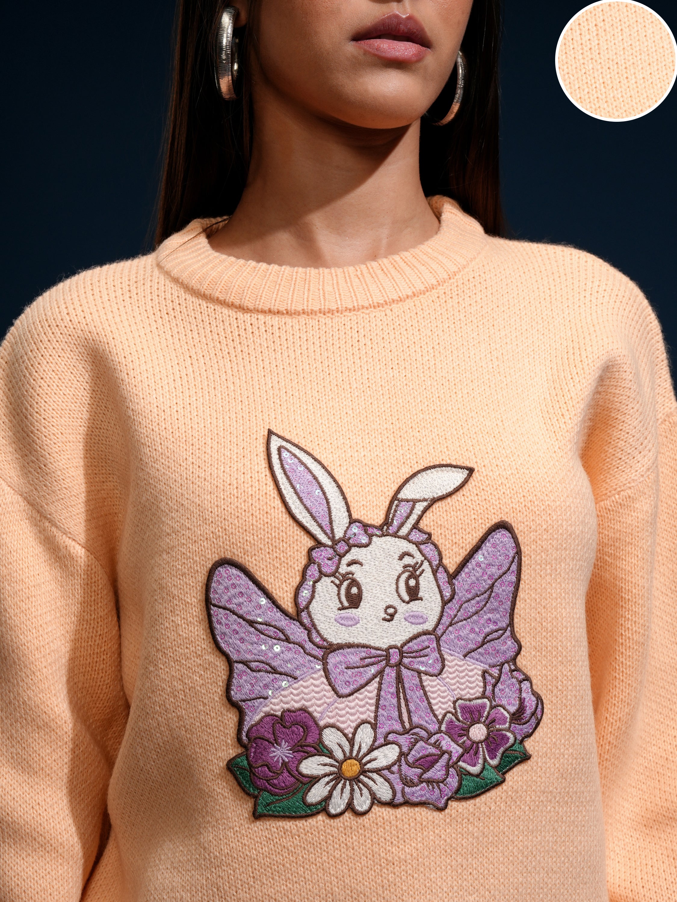 Tokyo Talkies Women Peach Round Neck Sweater - Peach - Image 5