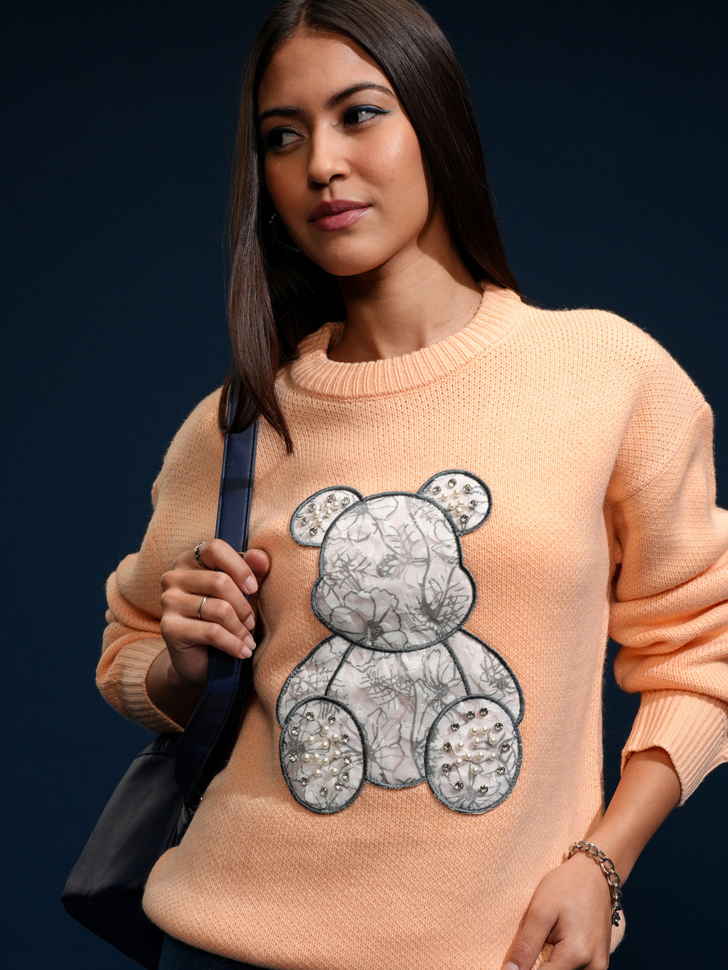 Tokyo Talkies Women Peach Round Neck Sweater - Peach - Image 1