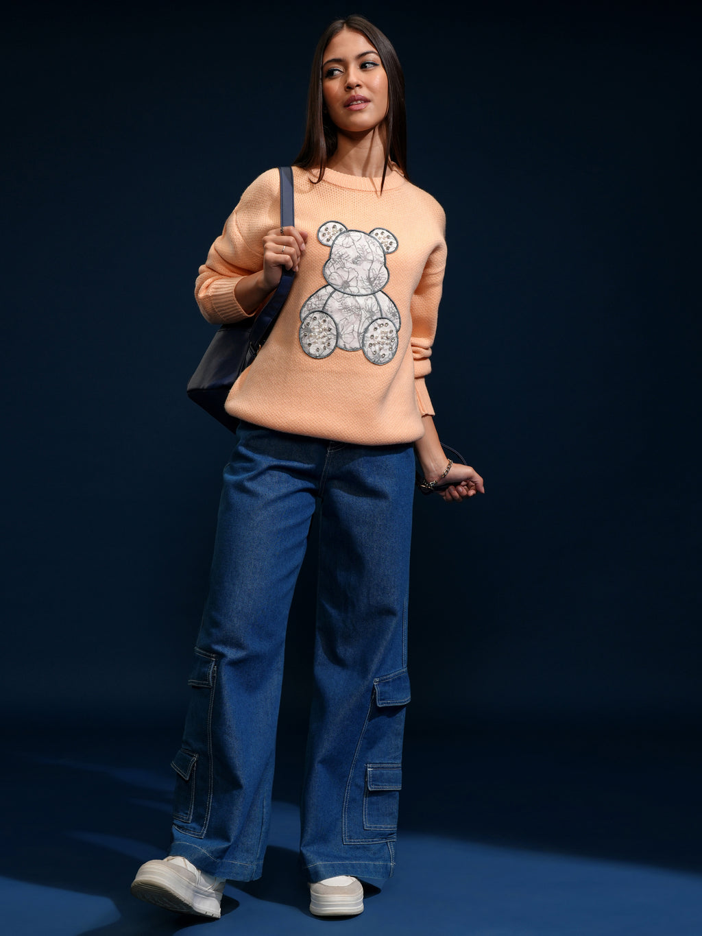 Tokyo Talkies Women Peach Round Neck Sweater - Peach - Image 2
