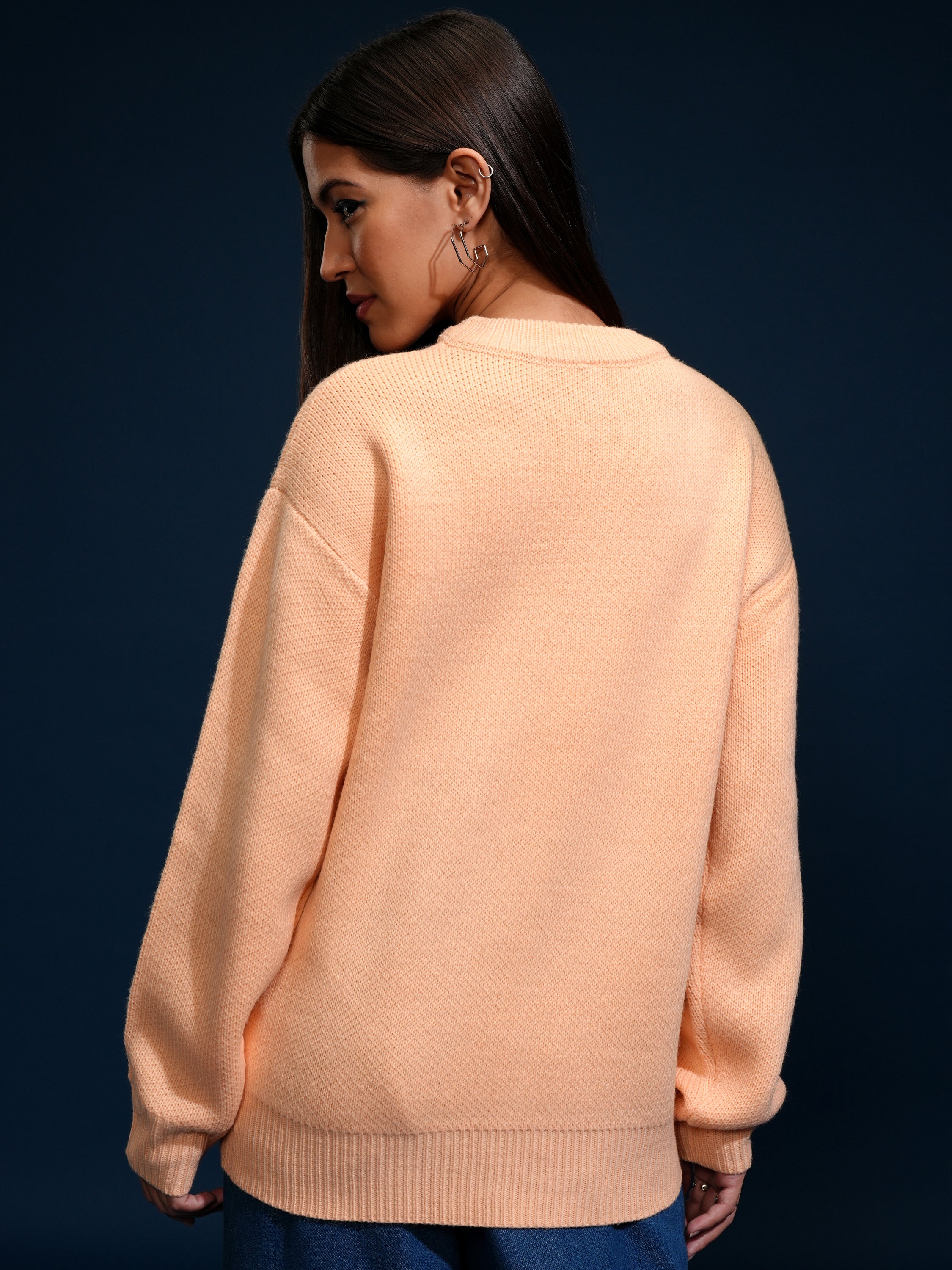Tokyo Talkies Women Peach Round Neck Sweater - Peach - Image 3