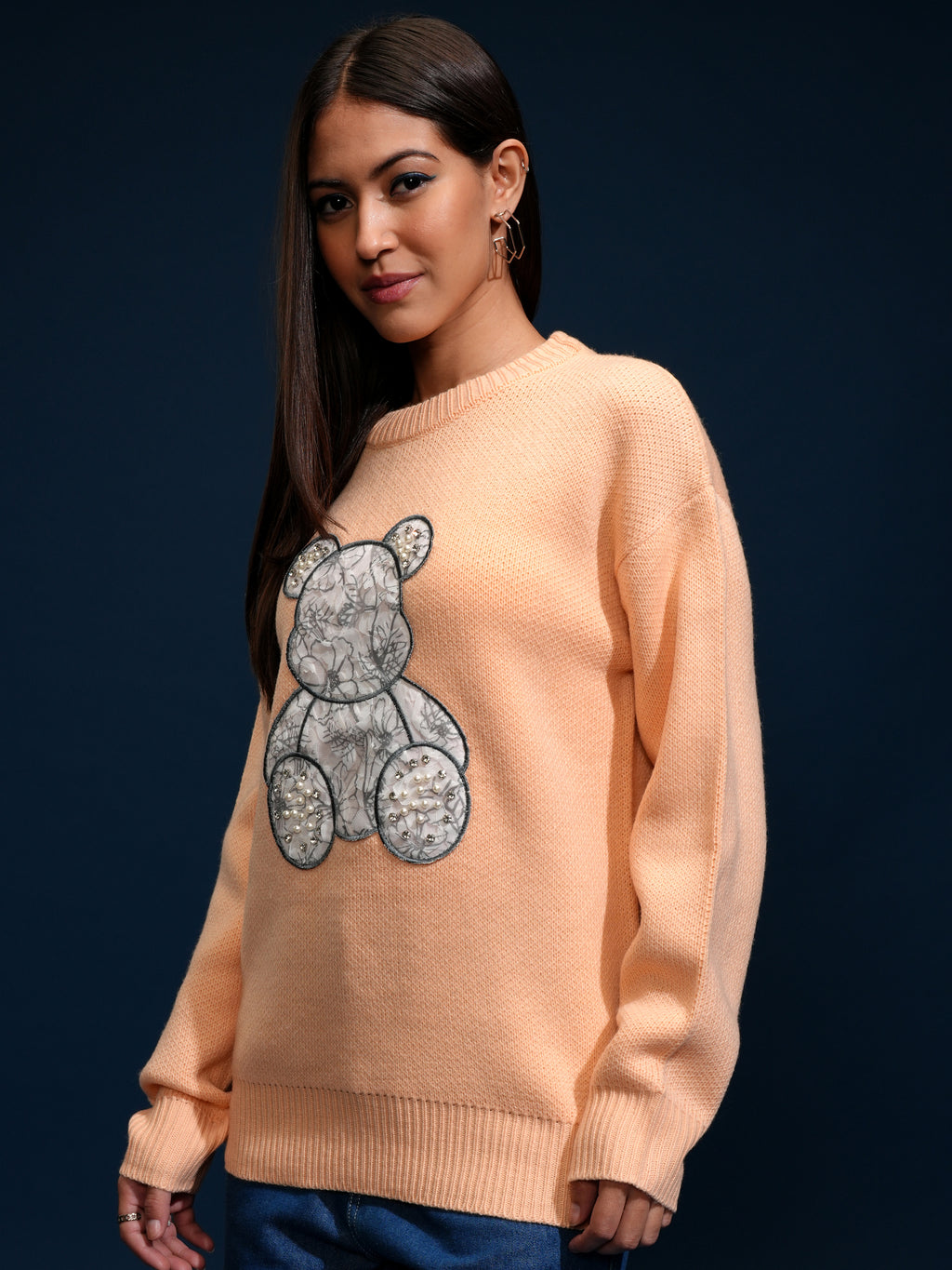Tokyo Talkies Women Peach Round Neck Sweater - Peach - Image 4