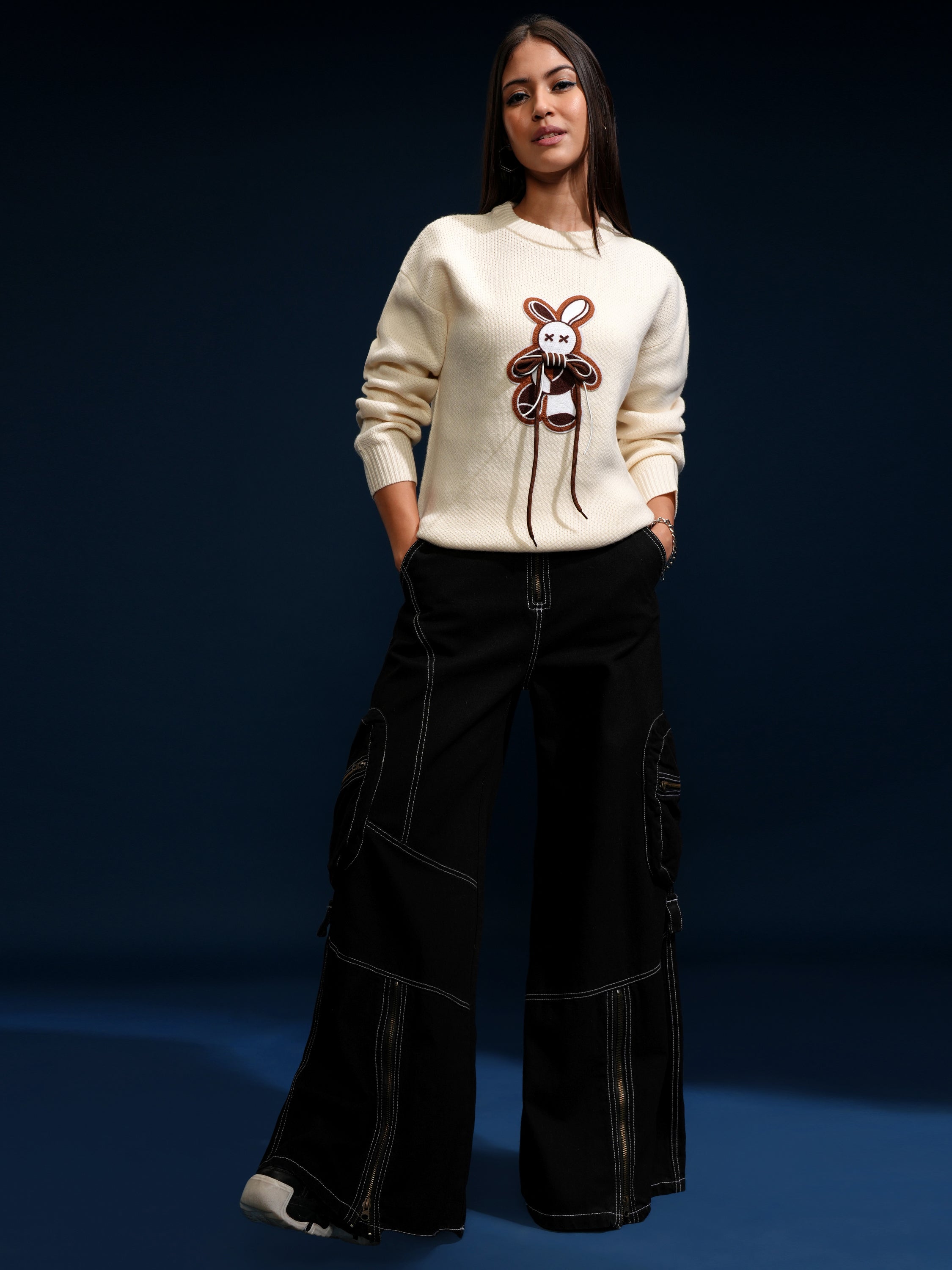 Tokyo Talkies Women Off White Round Neck Sweater - Off White - Image 2