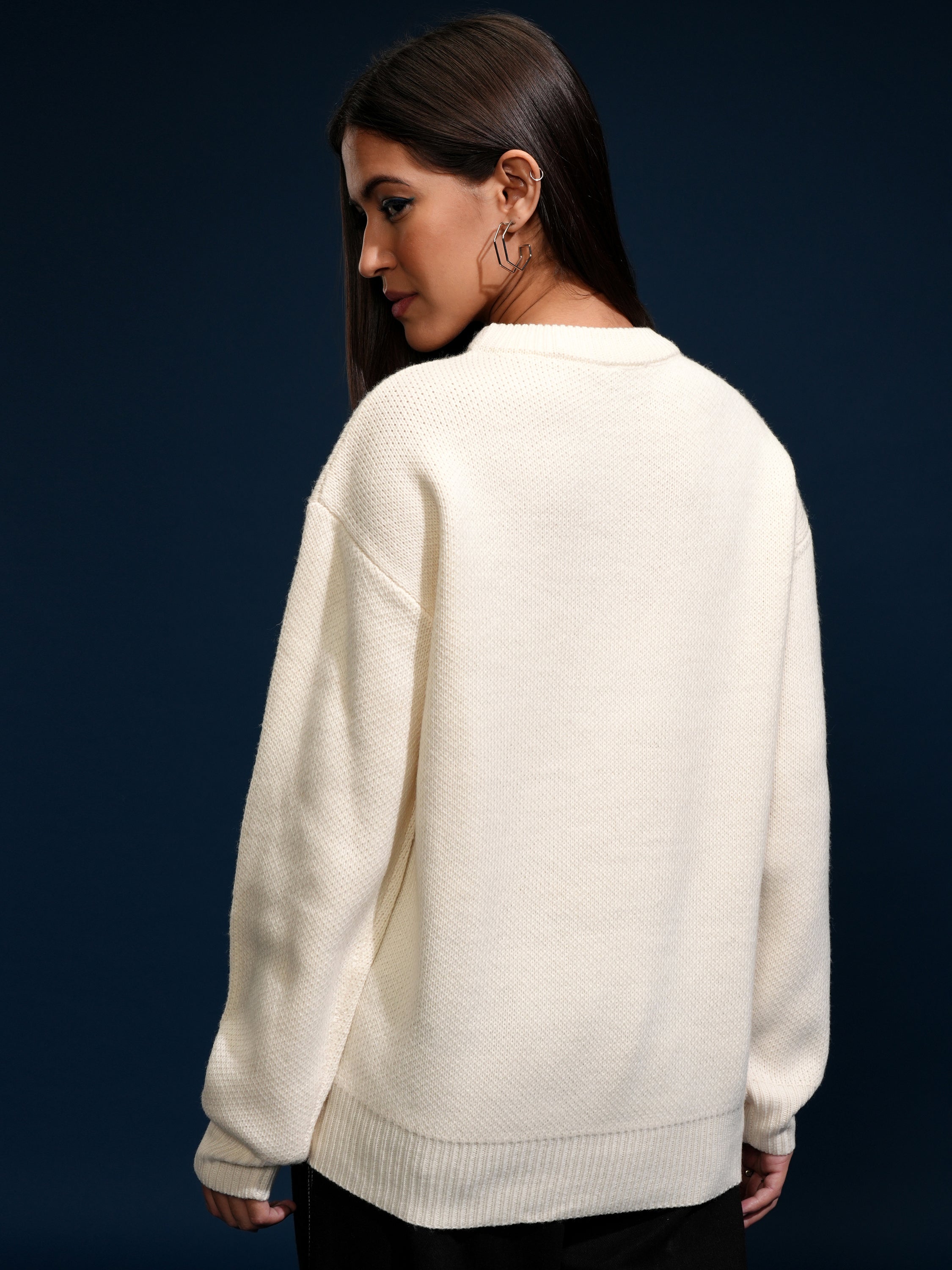 Tokyo Talkies Women Off White Round Neck Sweater - Off White - Image 3