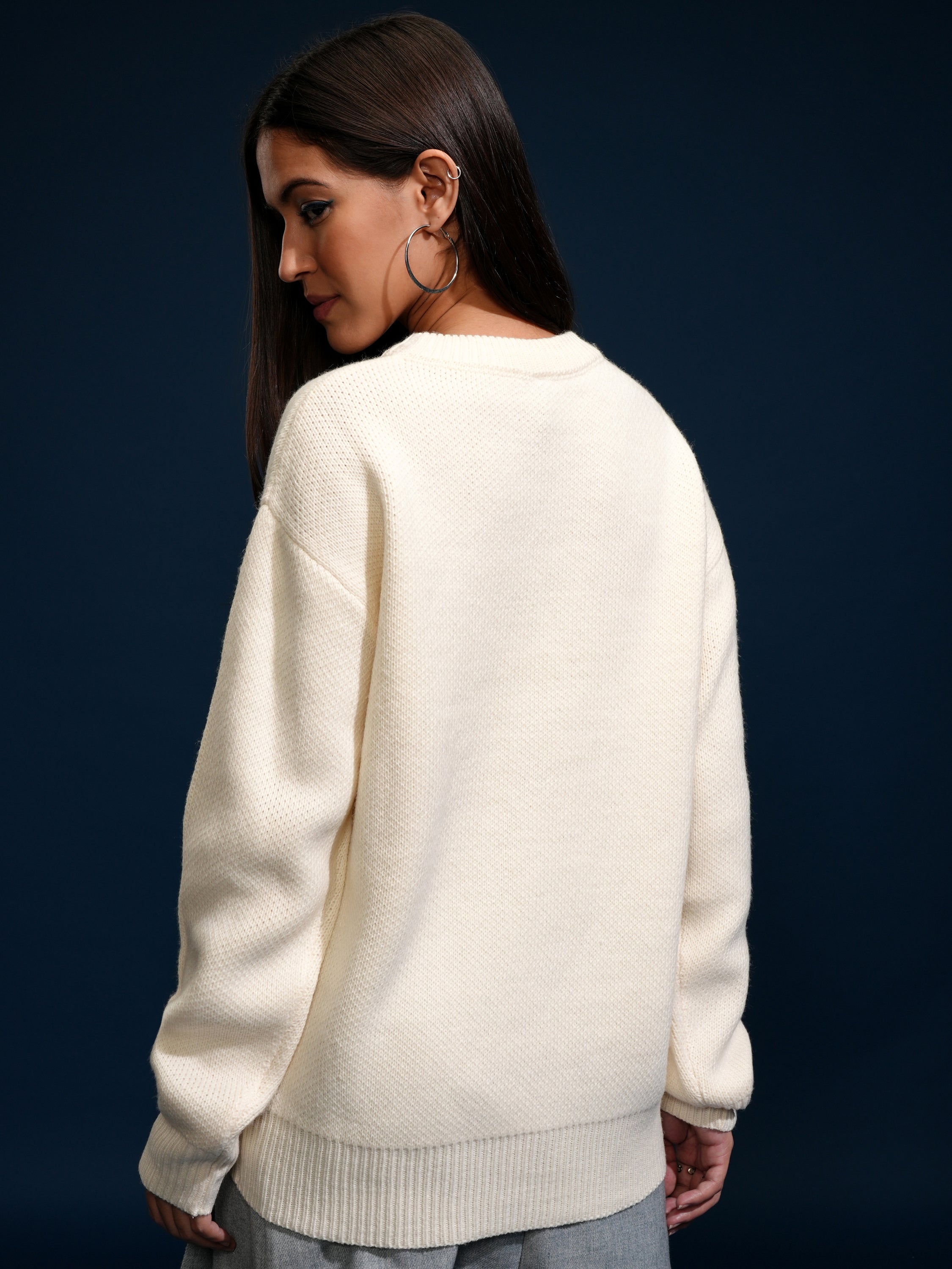 Tokyo Talkies Women Off White Round Neck Sweater - Off White - Image 3