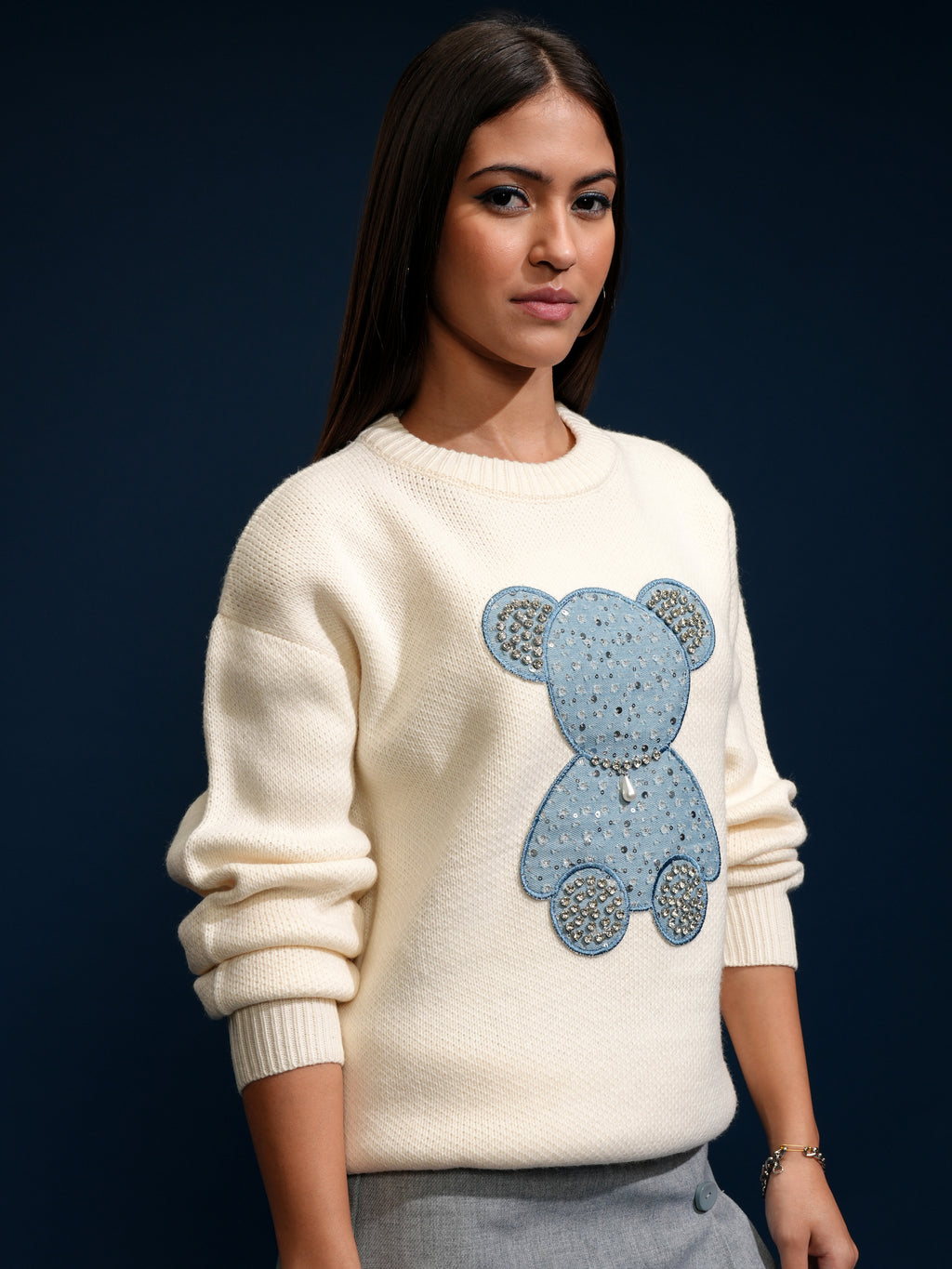 Tokyo Talkies Women Off White Round Neck Sweater - Off White - Image 6
