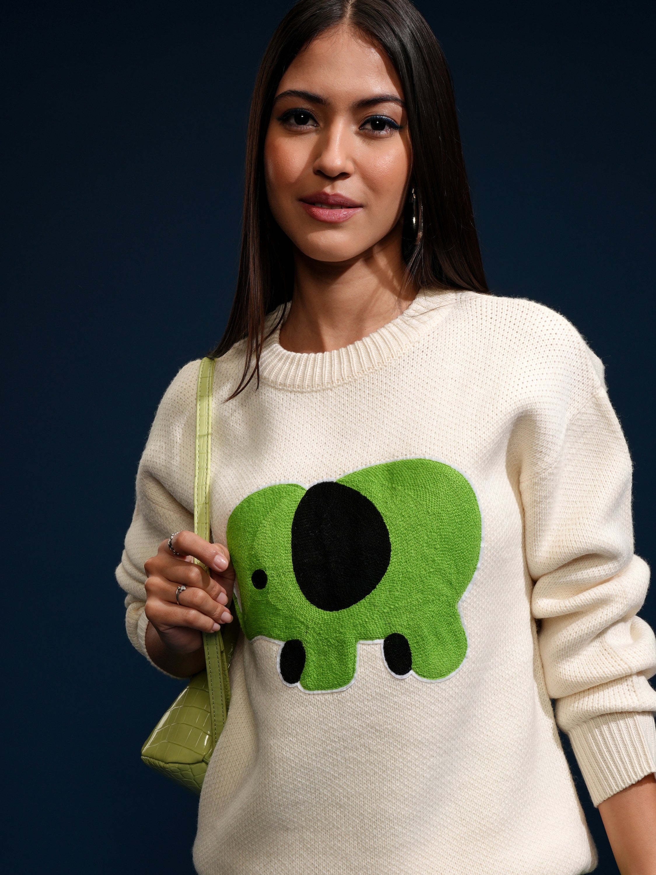 Tokyo Talkies Women Off White Round Neck Sweater - Off White - Image 1