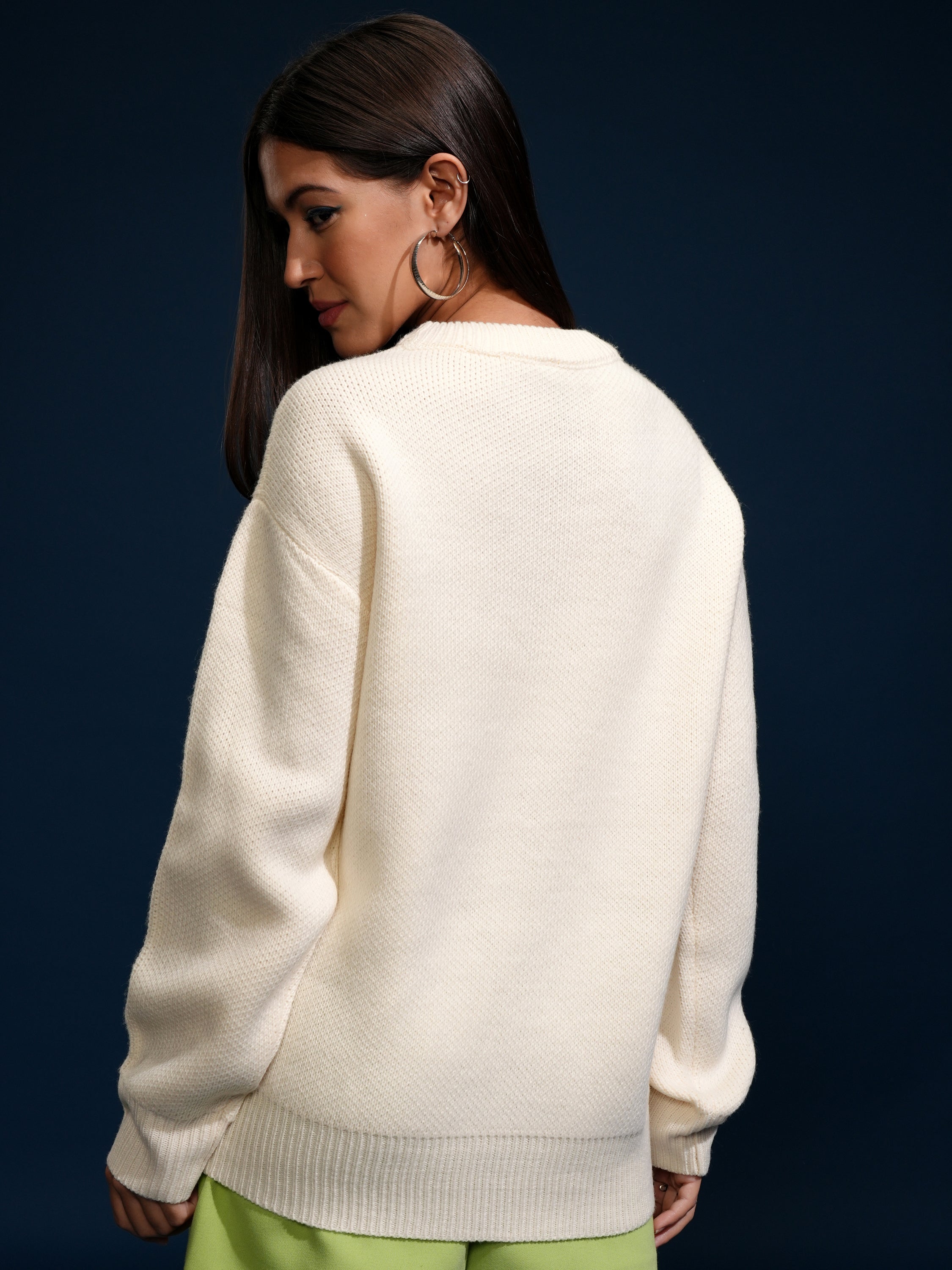 Tokyo Talkies Women Off White Round Neck Sweater - Off White - Image 3
