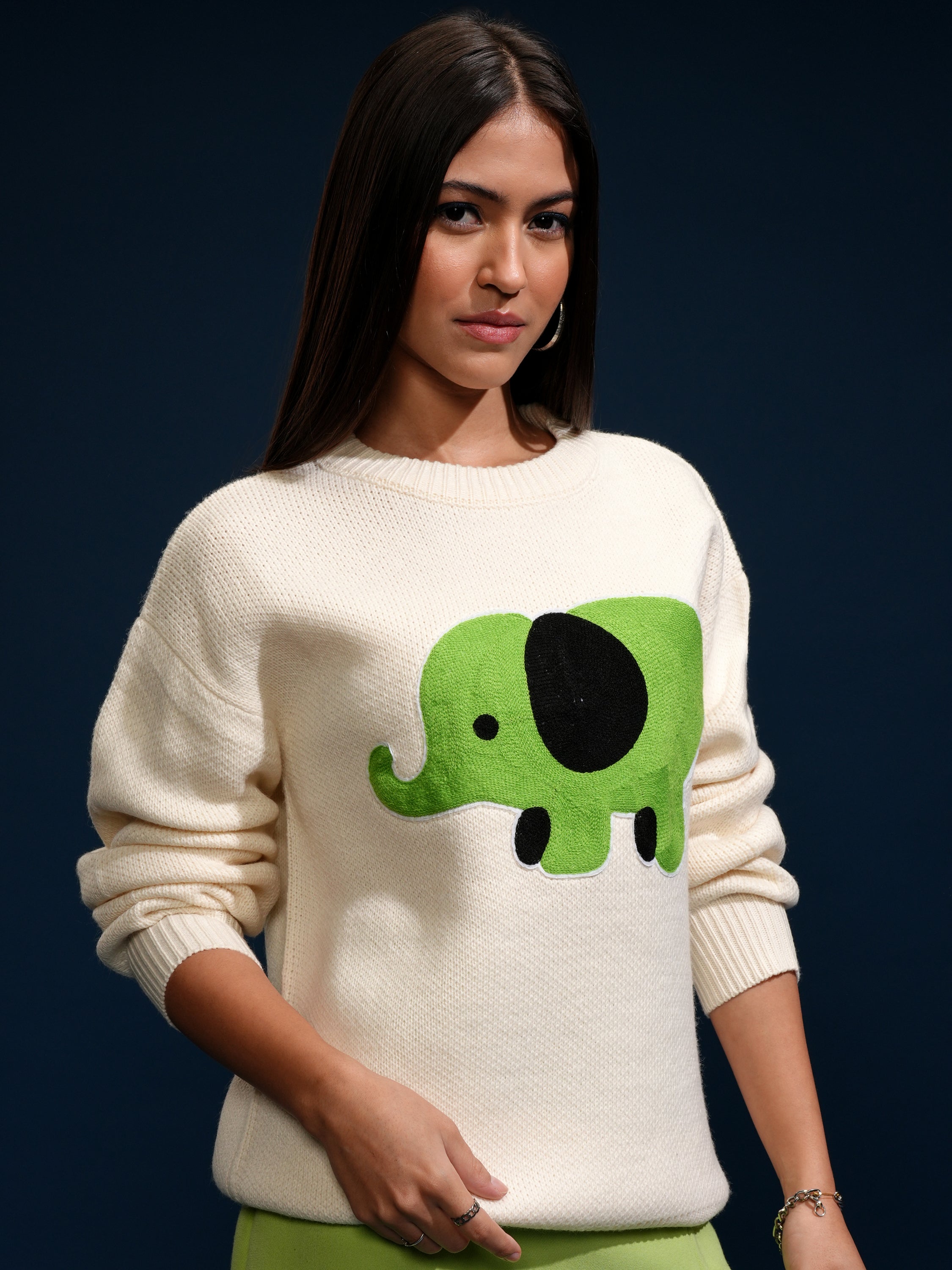 Tokyo Talkies Women Off White Round Neck Sweater - Off White - Image 6