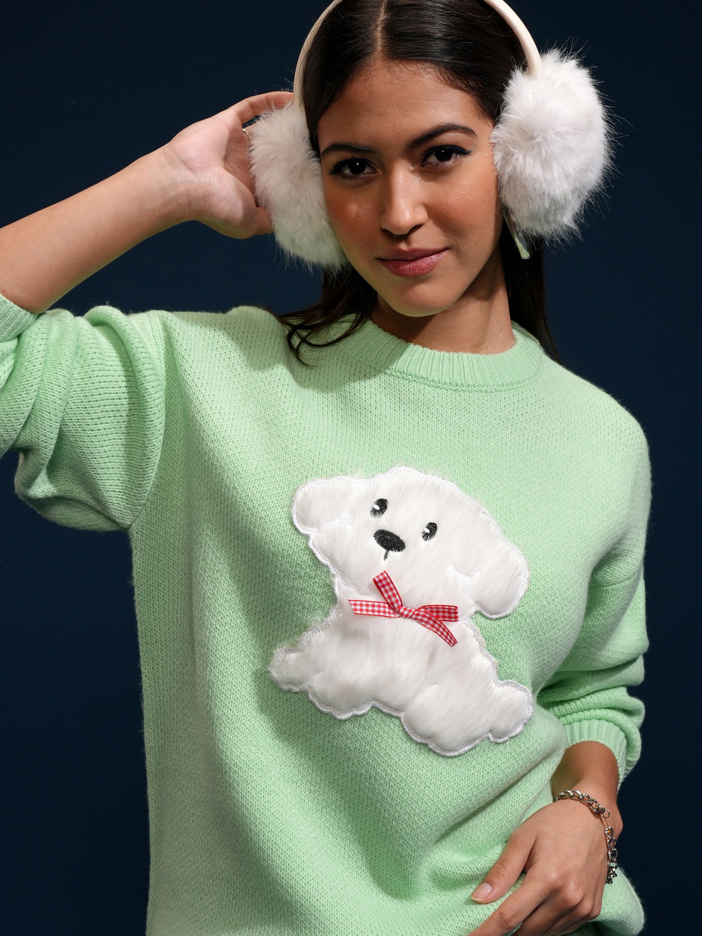 Tokyo Talkies Women Green Round Neck Sweater - Green - Image 1