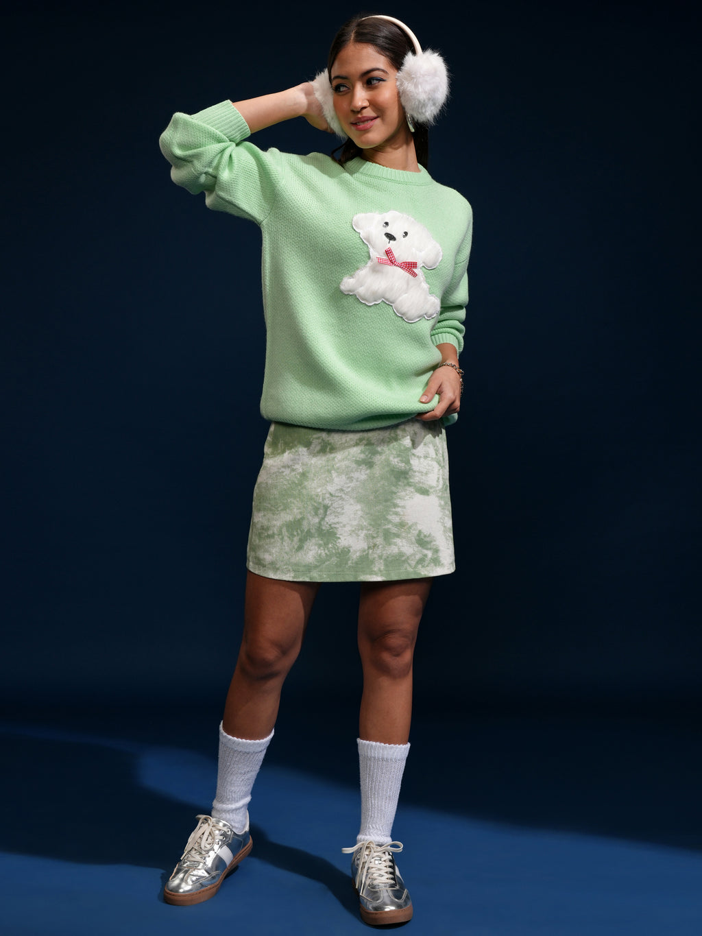 Tokyo Talkies Women Green Round Neck Sweater - Green - Image 2