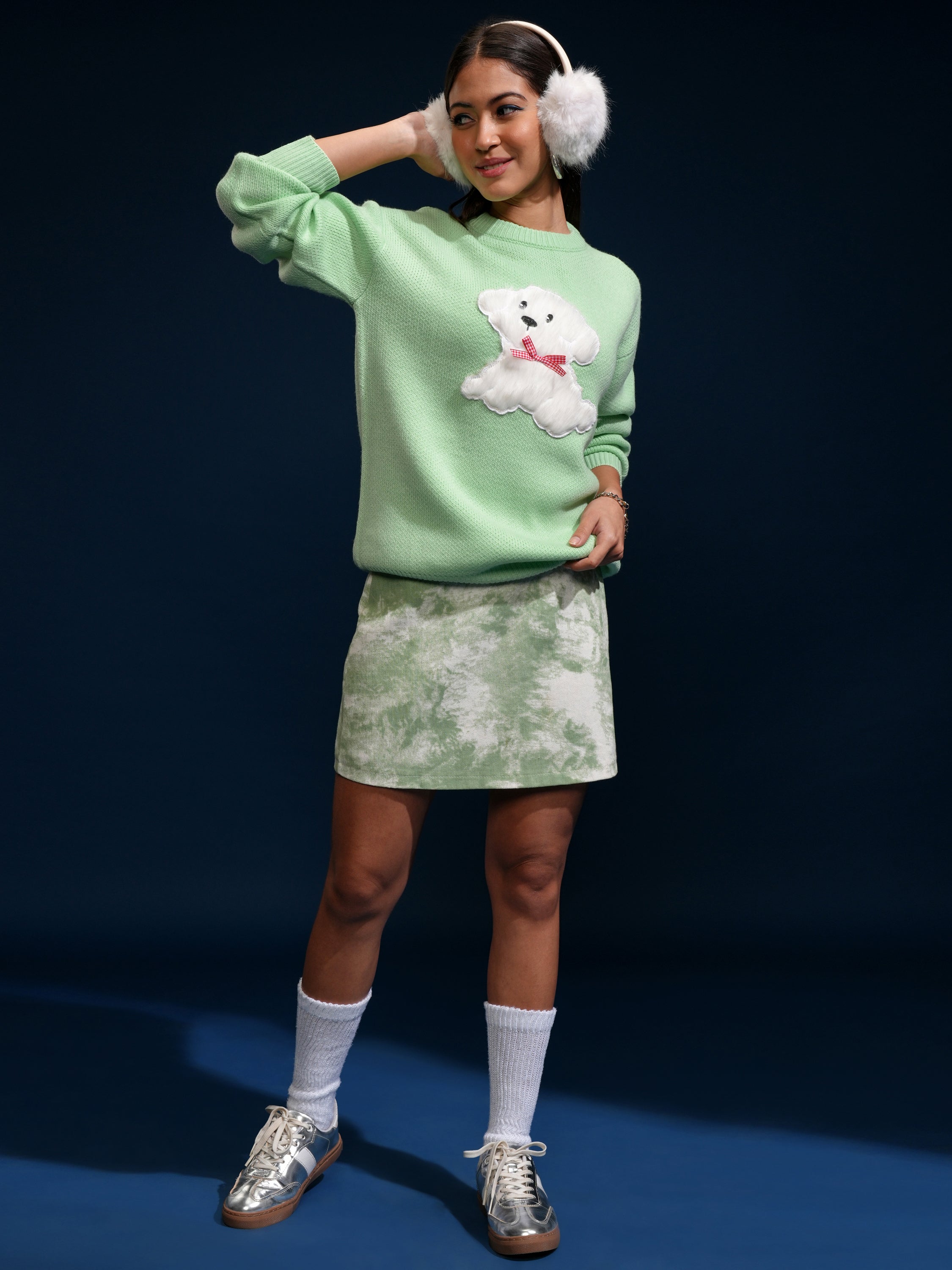 Tokyo Talkies Women Green Round Neck Sweater - Green - Image 2