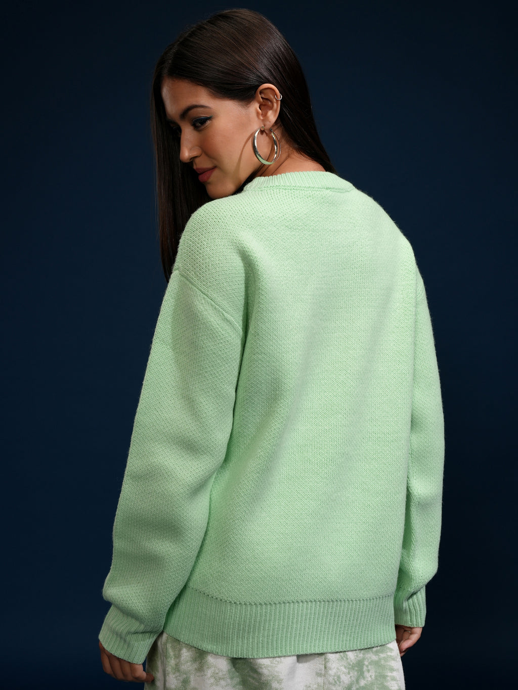 Tokyo Talkies Women Green Round Neck Sweater - Green - Image 3