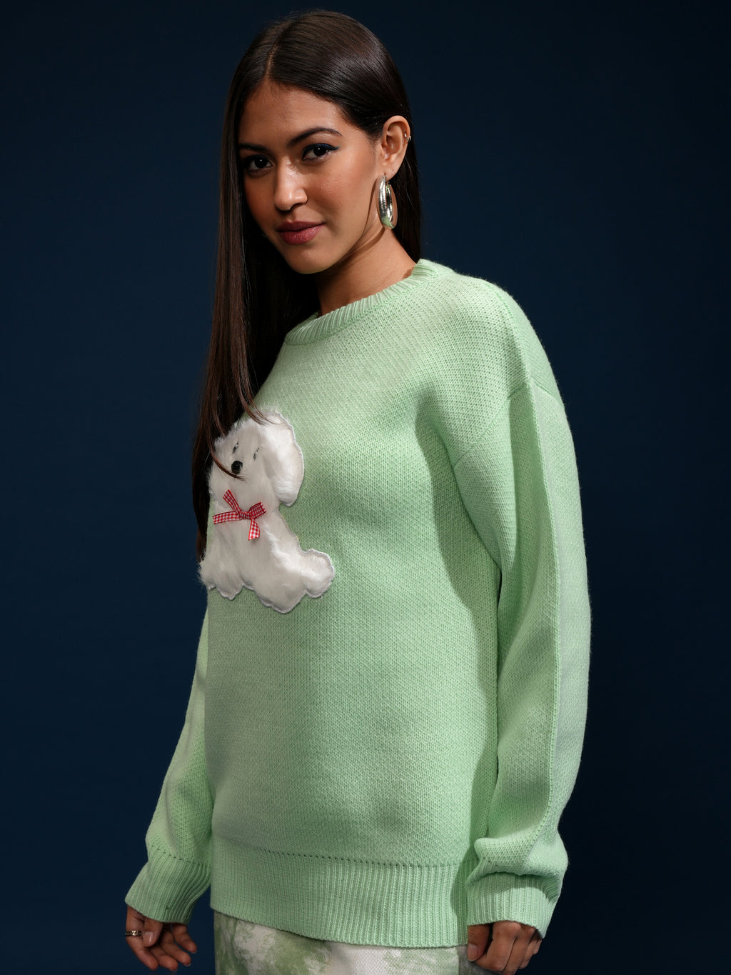 Tokyo Talkies Women Green Round Neck Sweater - Green - Image 4