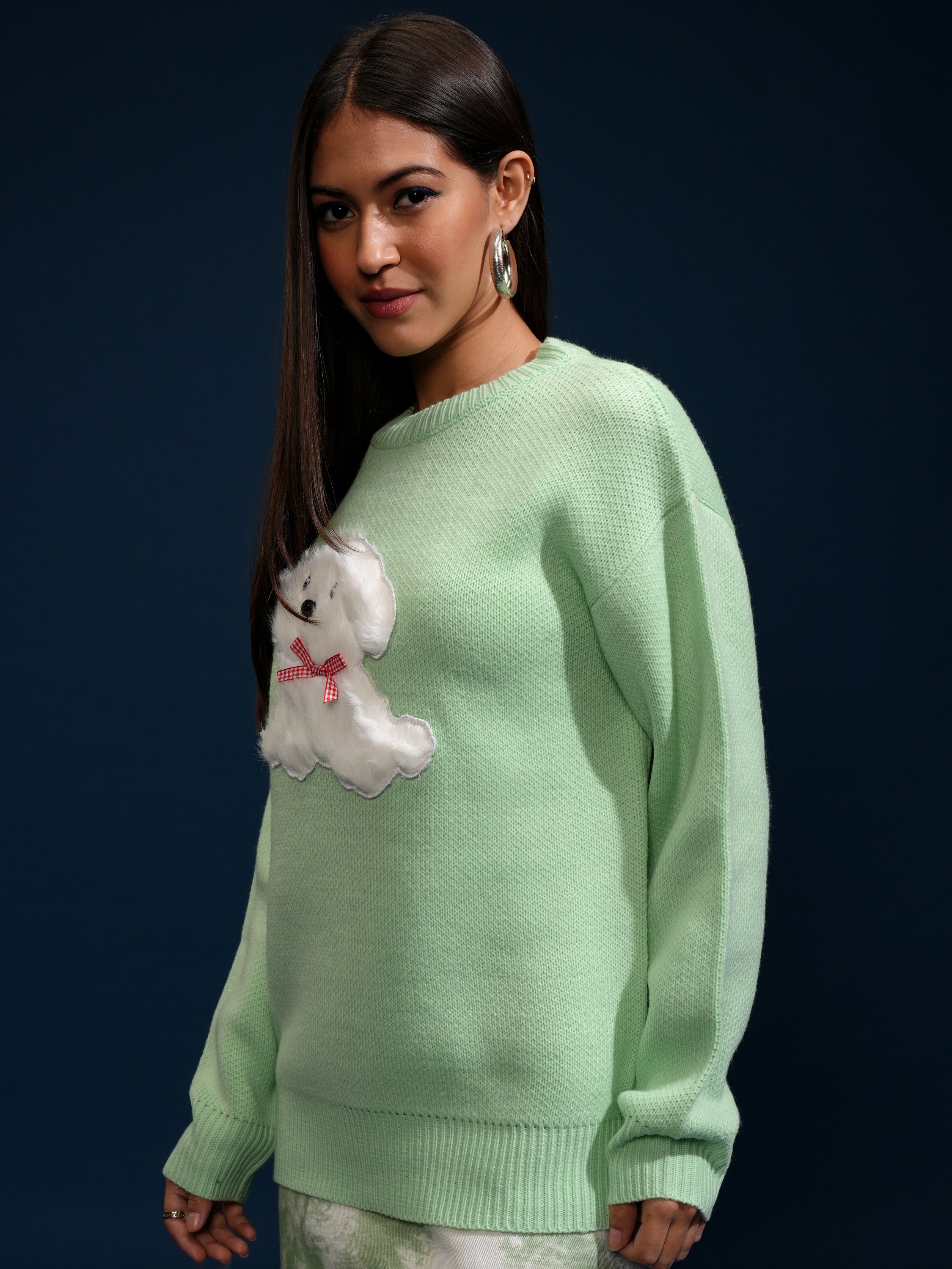 Tokyo Talkies Women Green Round Neck Sweater - Green - Image 4