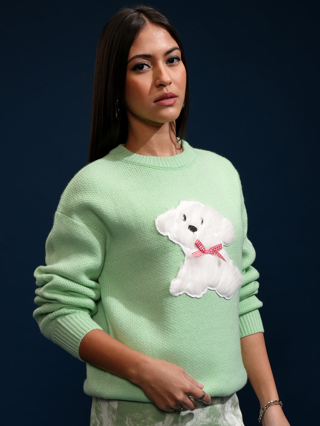 Tokyo Talkies Women Green Round Neck Sweater - Green - Image 6