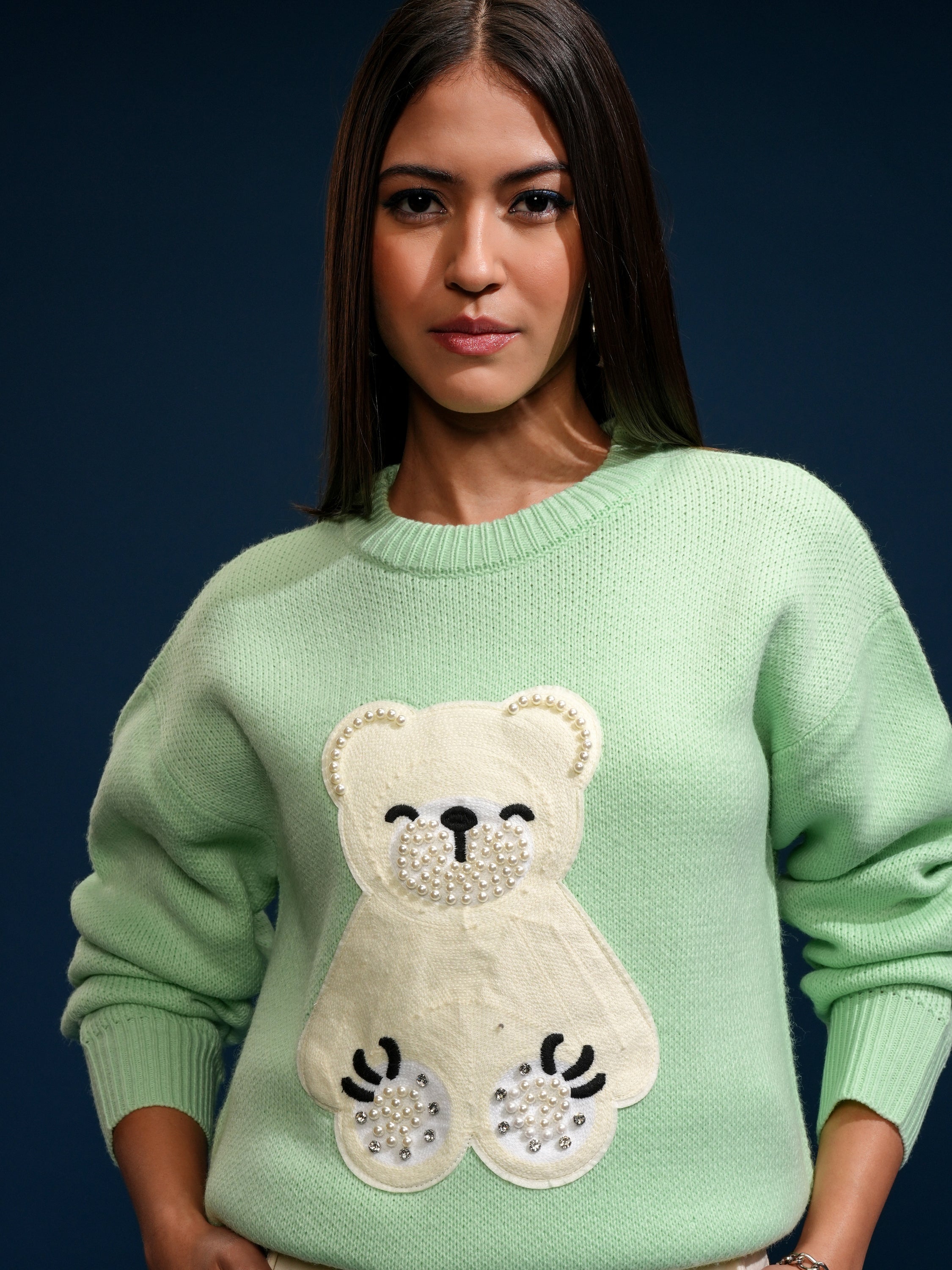 Tokyo Talkies Women Green Round Neck Sweater - Green - Image 1