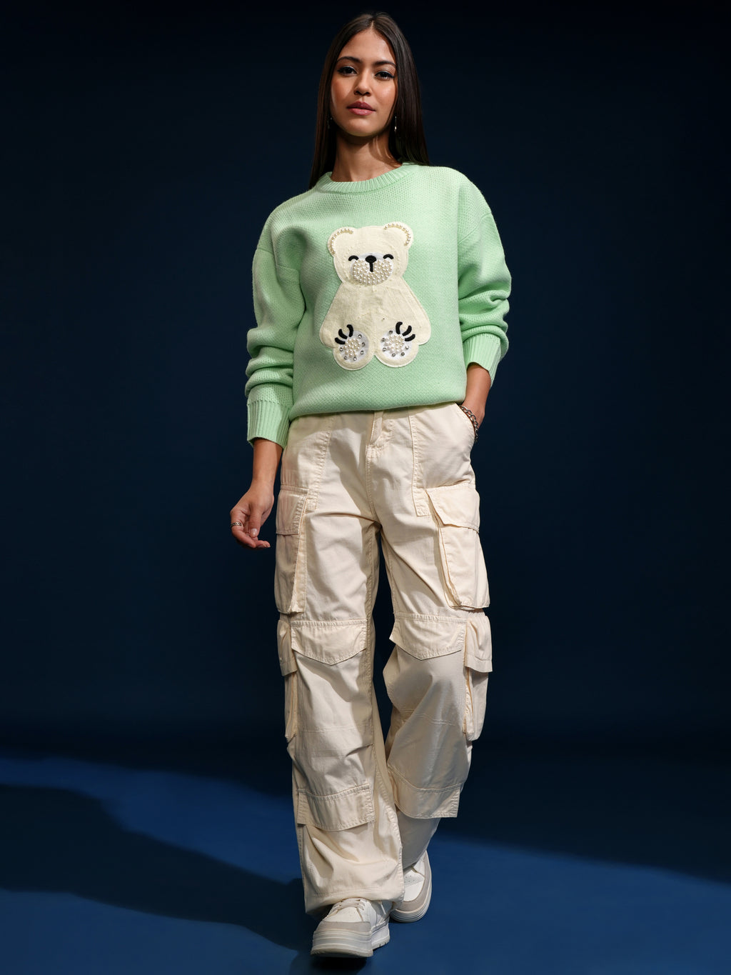 Tokyo Talkies Women Green Round Neck Sweater - Green - Image 2