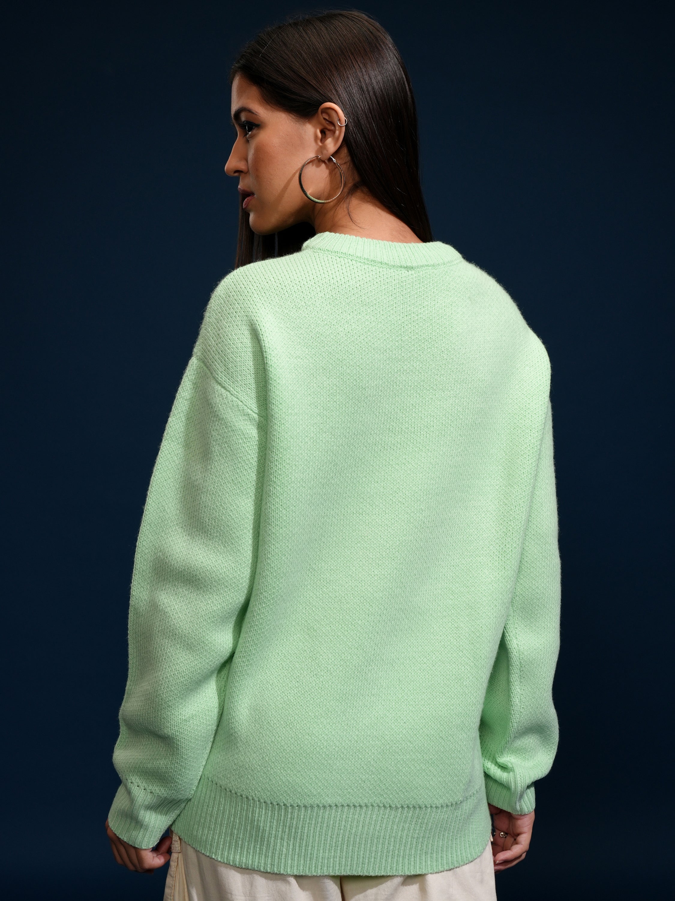 Tokyo Talkies Women Green Round Neck Sweater - Green - Image 3