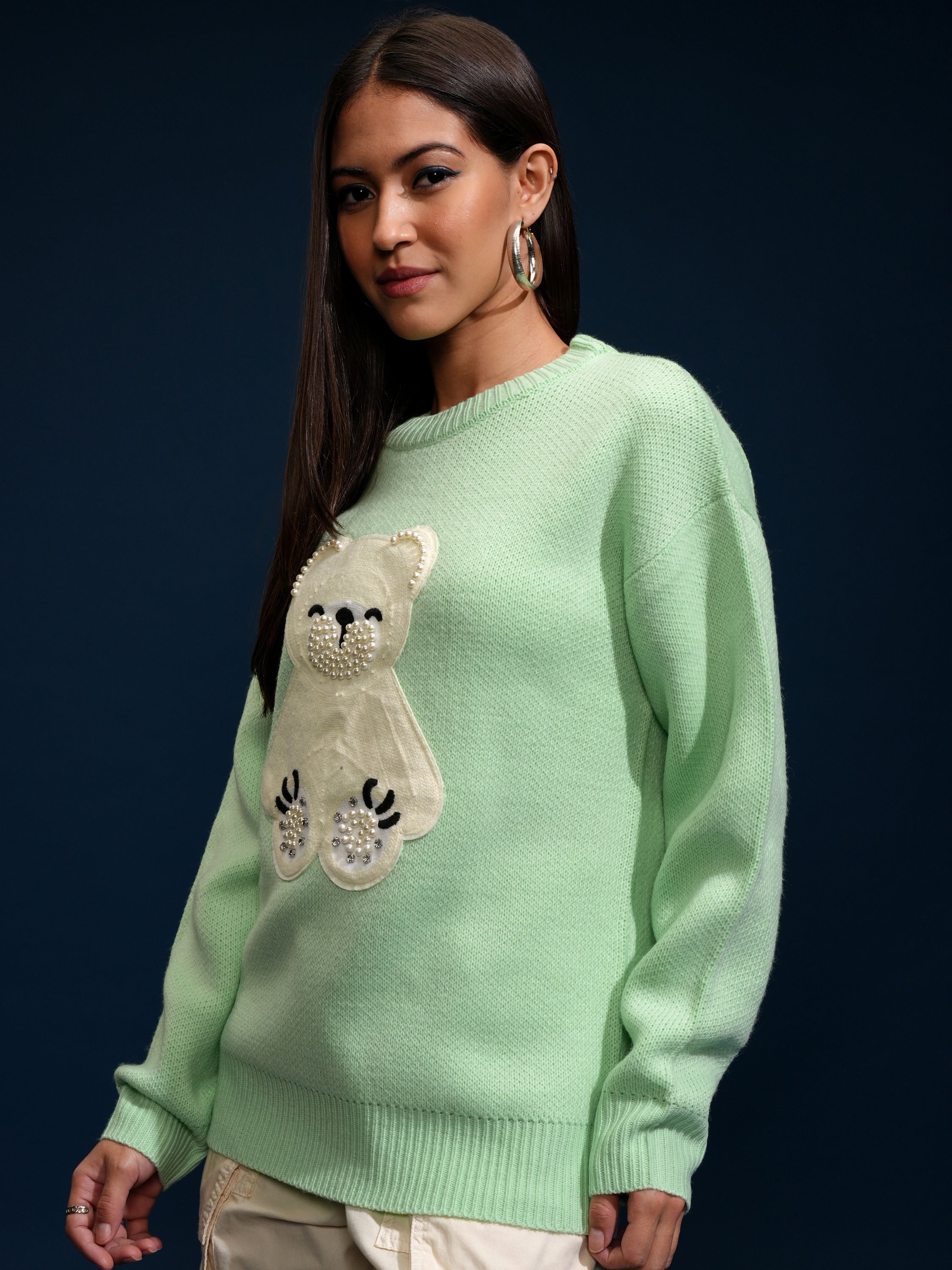 Tokyo Talkies Women Green Round Neck Sweater - Green - Image 4